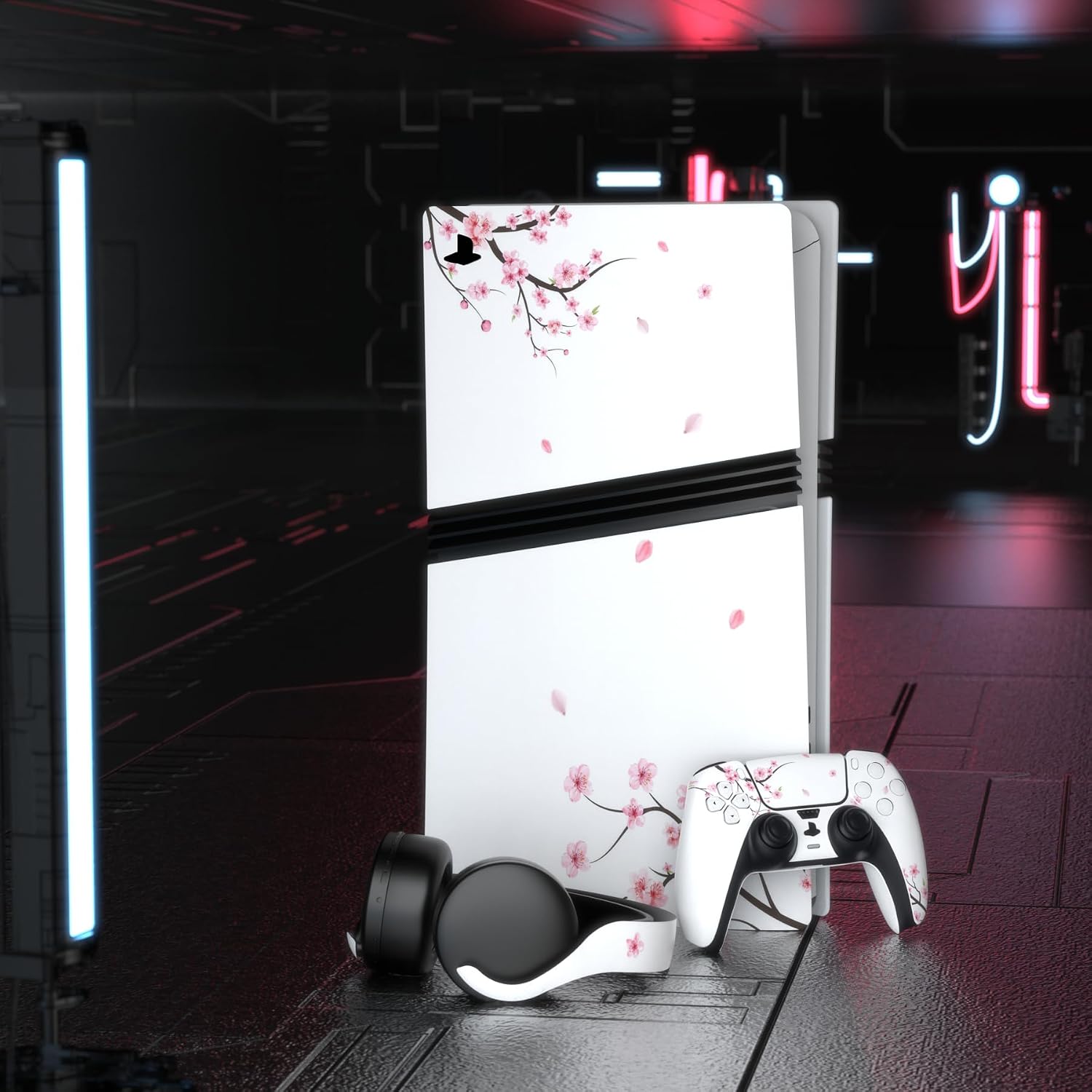 Detalle de Playvital Full Set Skin Stickers for PS5 Pro — Vinyl decal wrap set for console, controller, headset & more (Falling Cherry Blossom)