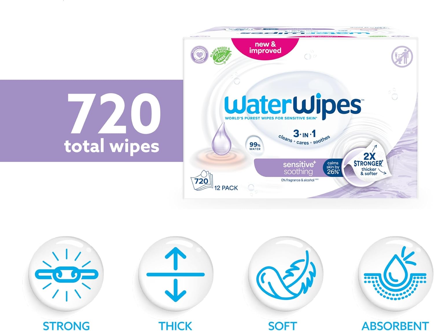 Thumbnail 1 de WaterWipes Sensitive+ Soothing Wipes 720 Count (12 Packs) – 3-in-1 Cleanse, Care & Soothe