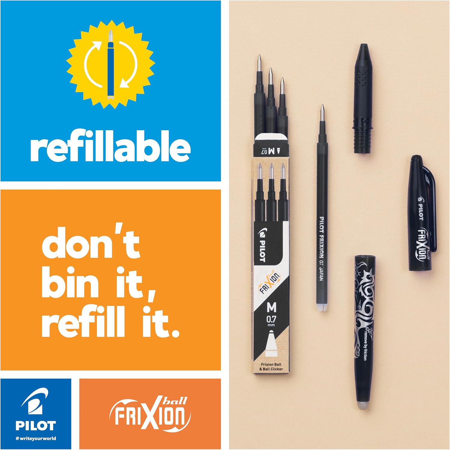 Detalle de Pilot FriXion Ball Erasable Rollerball Pen – Medium 0.7mm Tip, 5 x Black