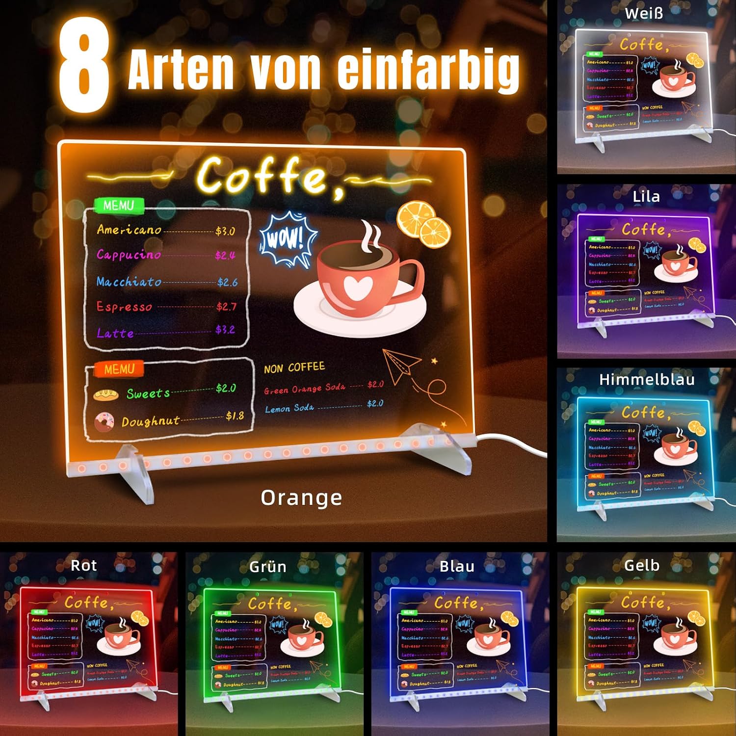 Detalle de LED Notiztafel 35Ă25 cm, 13 Farben, 6 Modi đŒ