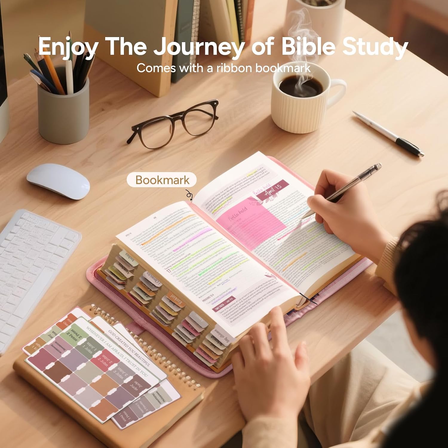 Detalle 2 de BellaHold Adjustable Bible Cover, Size L, Pink Quilted Case with 75 Tabs