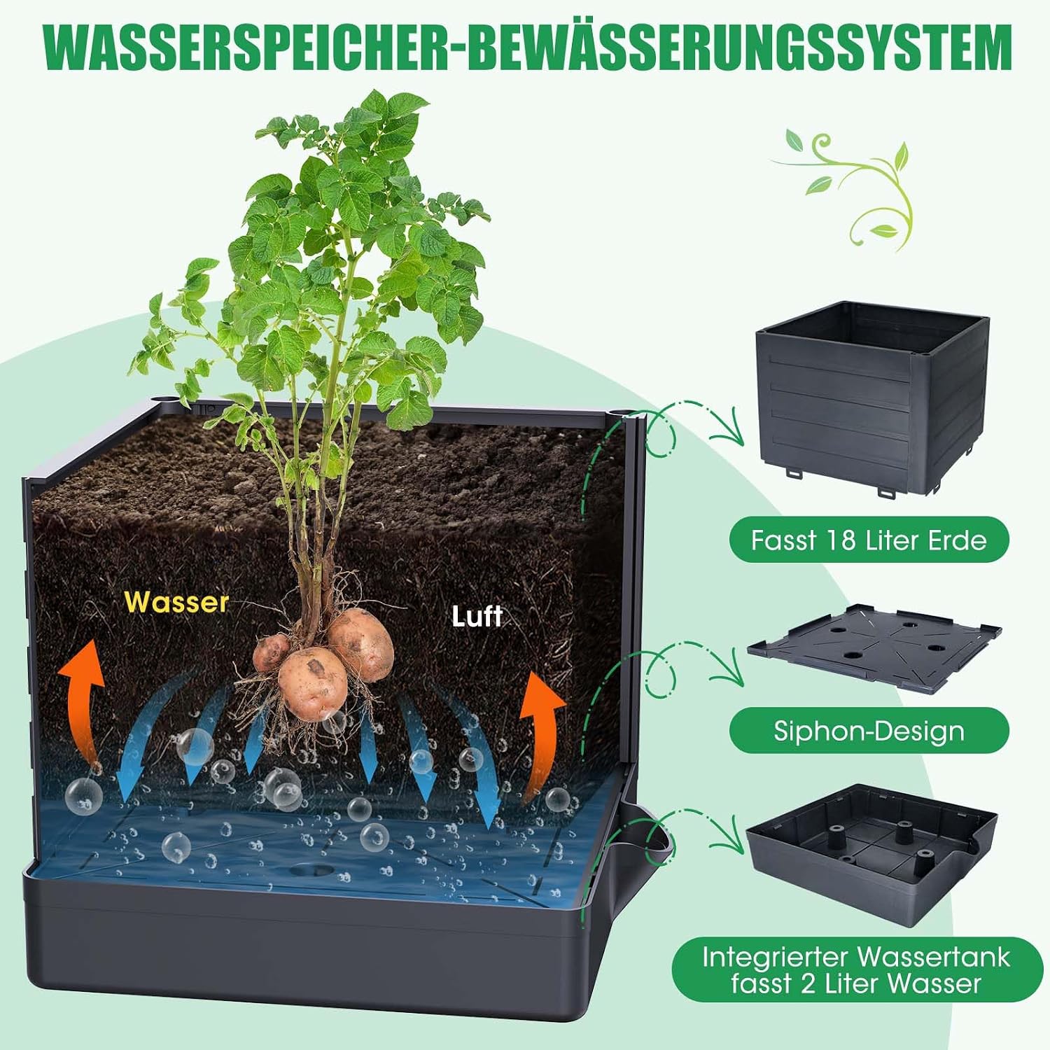 Detalle de MQHUAYU Tomatentopf-Set mit 145 cm Rankhilfe und Selbstbewässerung (2er-Pack)