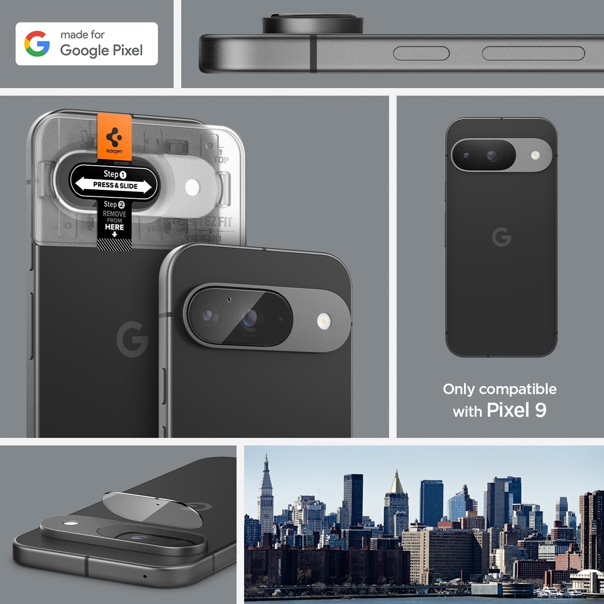 Detalle de Spigen Glas.tR EZ Fit Optik – pellicola proteggi fotocamera per Google Pixel 9 (cristallino, 2 pezzi), installazione facile