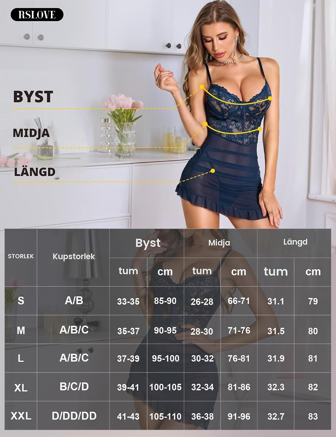 Detalle de RSLOVE negligé med transparent spets och tanga – babydoll och nattlinne