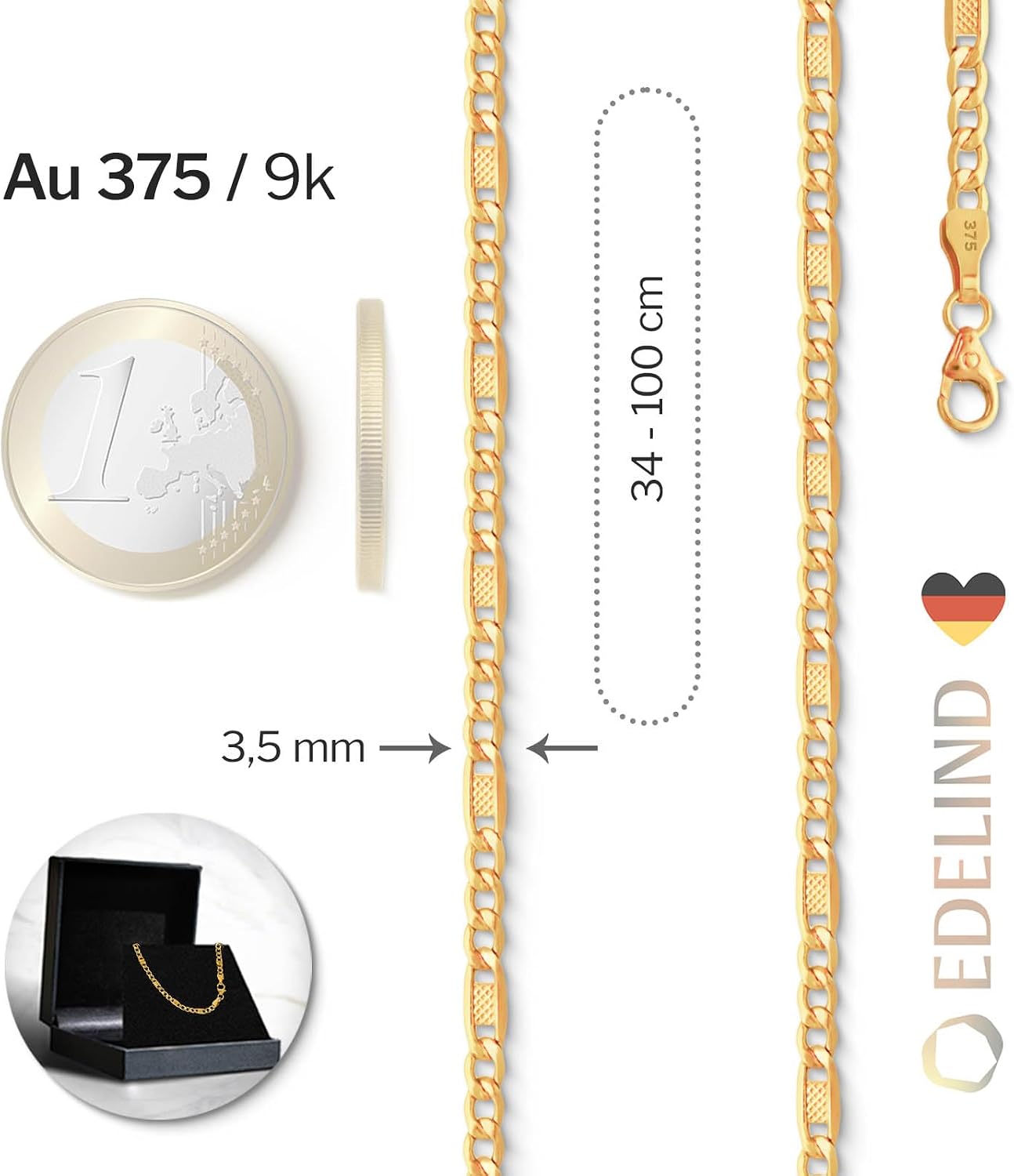 Thumbnail 1 de EDELIND Catenina Uomo Ouro Giallo 9K con Scatola Regalo – 55 cm, 3,5 mm
