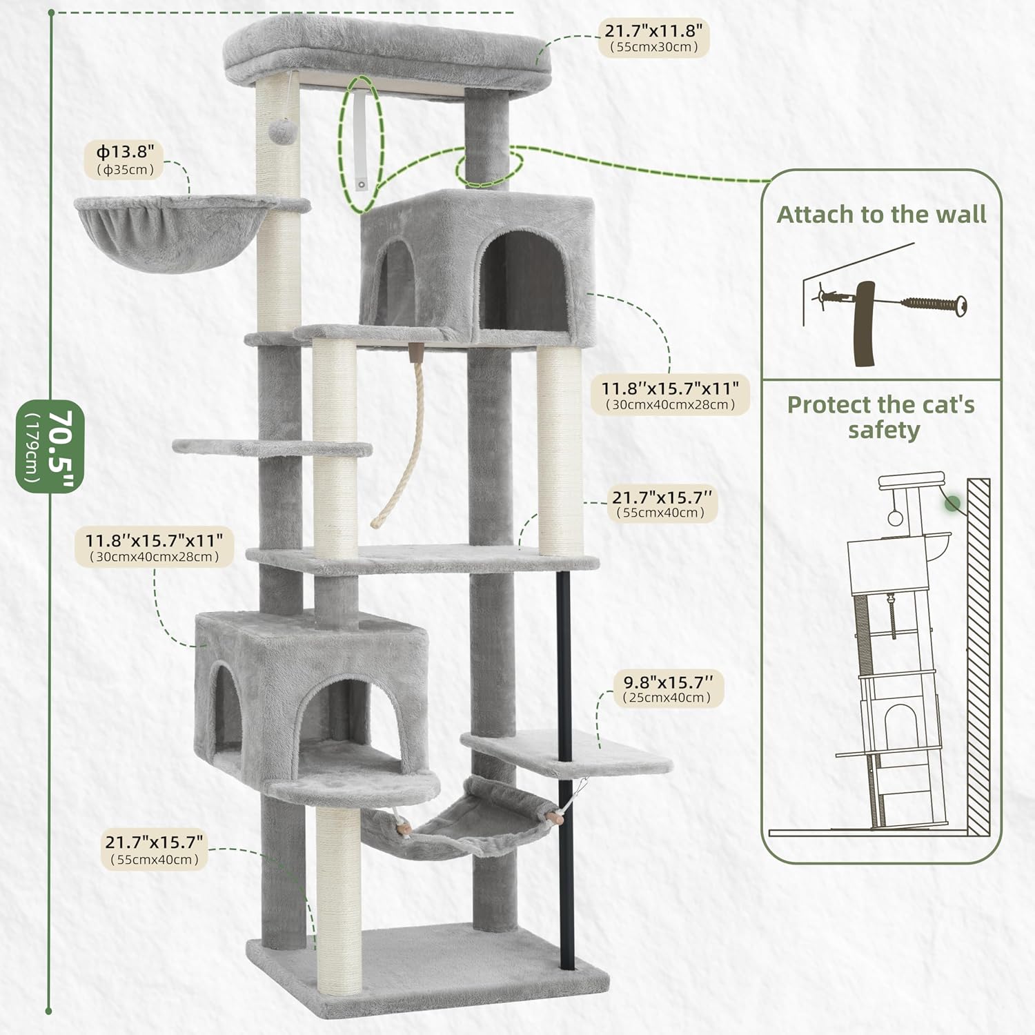 Thumbnail 6 de Gitelsnour GCT024W Cat Tree, 70.5-Inch Tower with Sisal, Hammock & Perch
