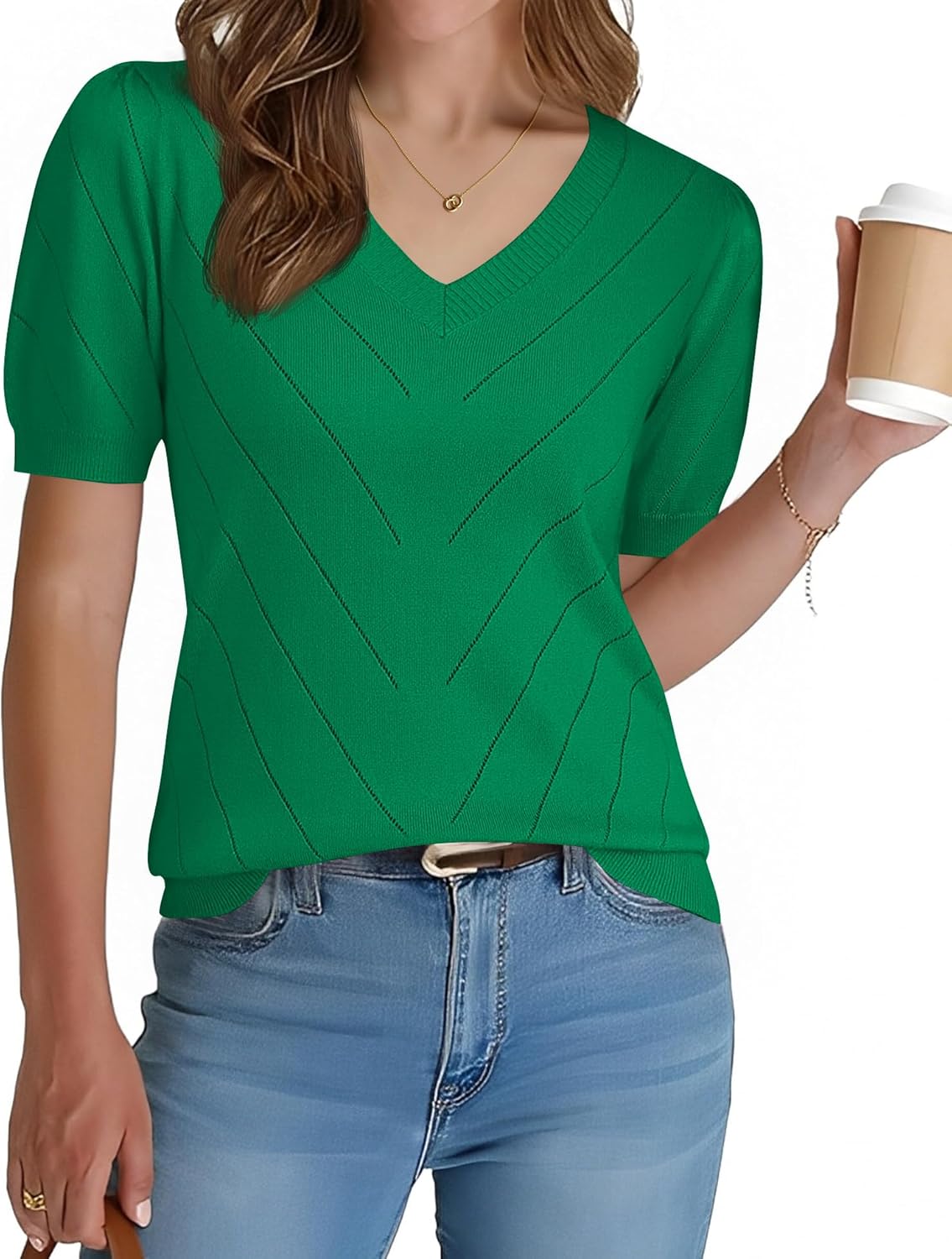 Detalle de LOMON Women's Puff Sleeve Lightweight V-Neck Knit Top — Versatile Summer to Fall Workwear