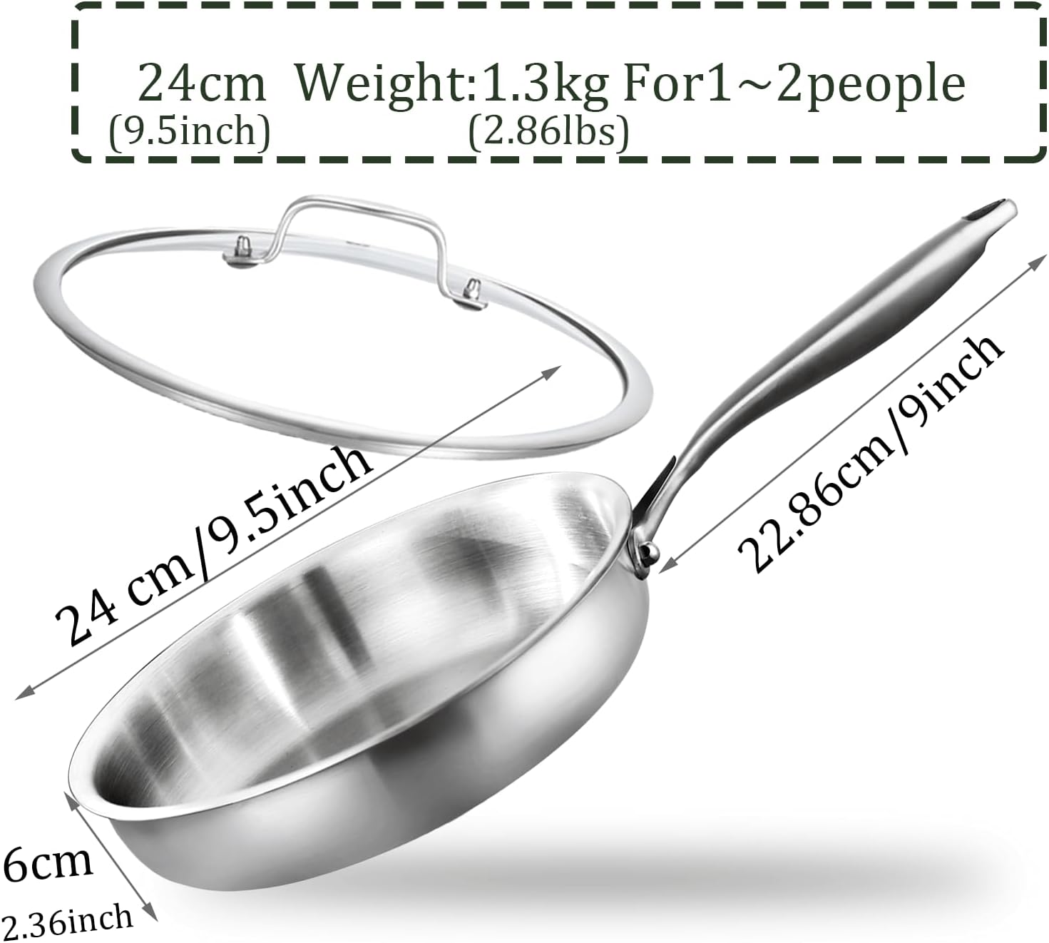Detalle de DELARLOCHEF Dreilagige Edelstahl-Bratpfanne mit Deckel, 24 cm – induktionsgeeignet und ohne Beschichtung