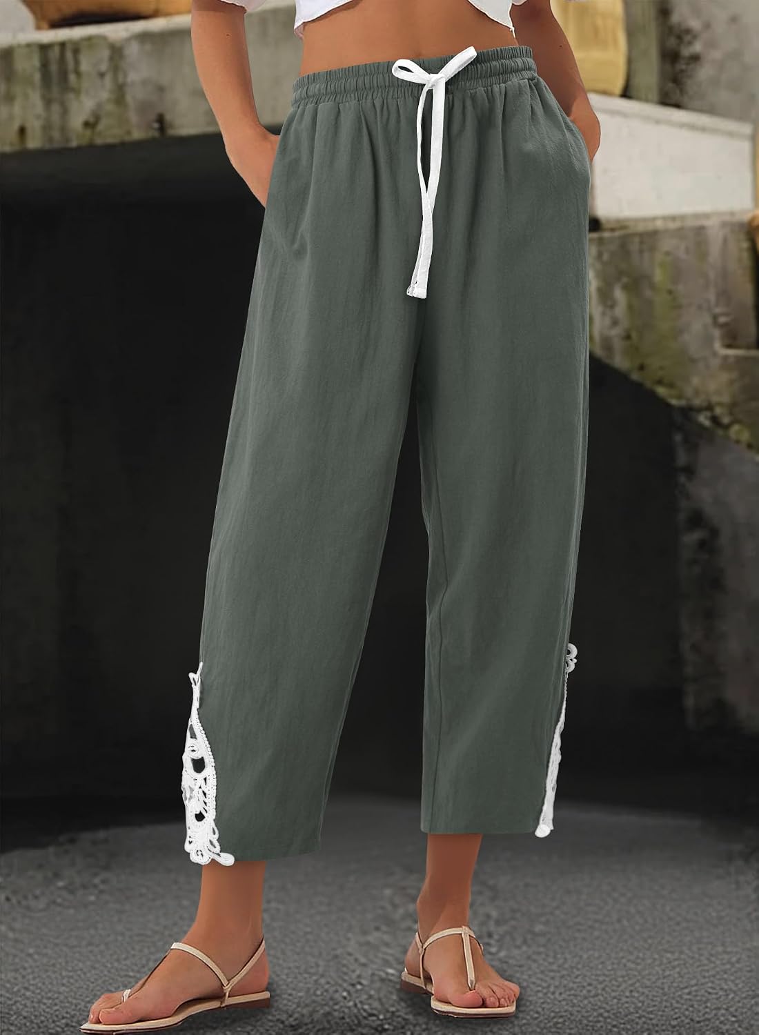 Detalle de onlypuff Women’s Lightweight Summer Trousers with Drawstring Waist and Pockets