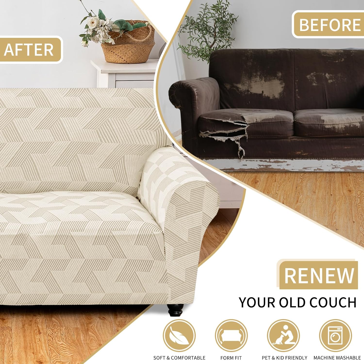 Detalle 1 de JIVINER Beige Loveseat Cover, Stretch Geometric Jacquard with Elastic Bottom