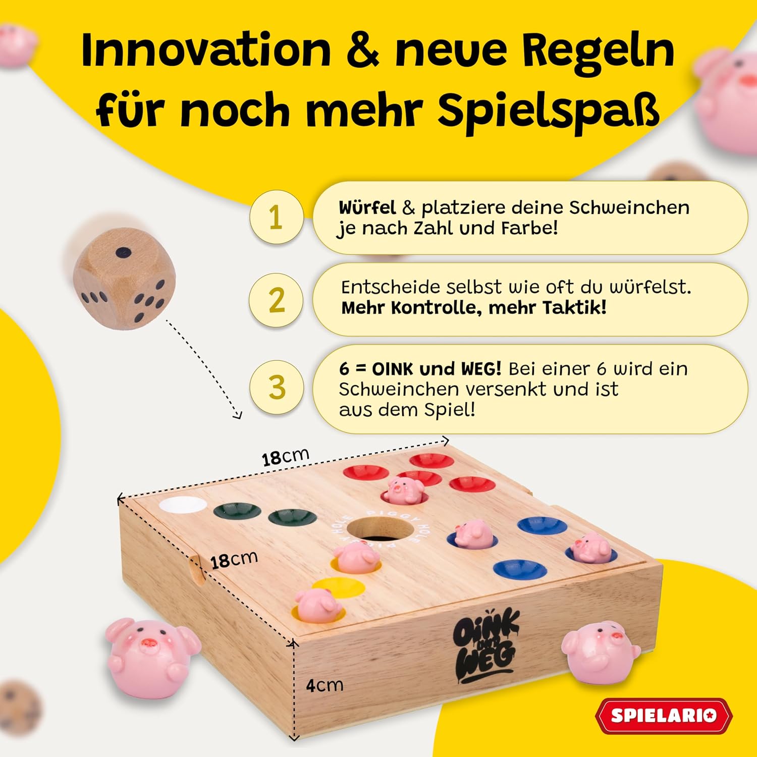 Detalle 2 de OINK und Weg – Schweinchen Spiel Holz (Big Hole Familienspiel zum taktischen Würfeln)