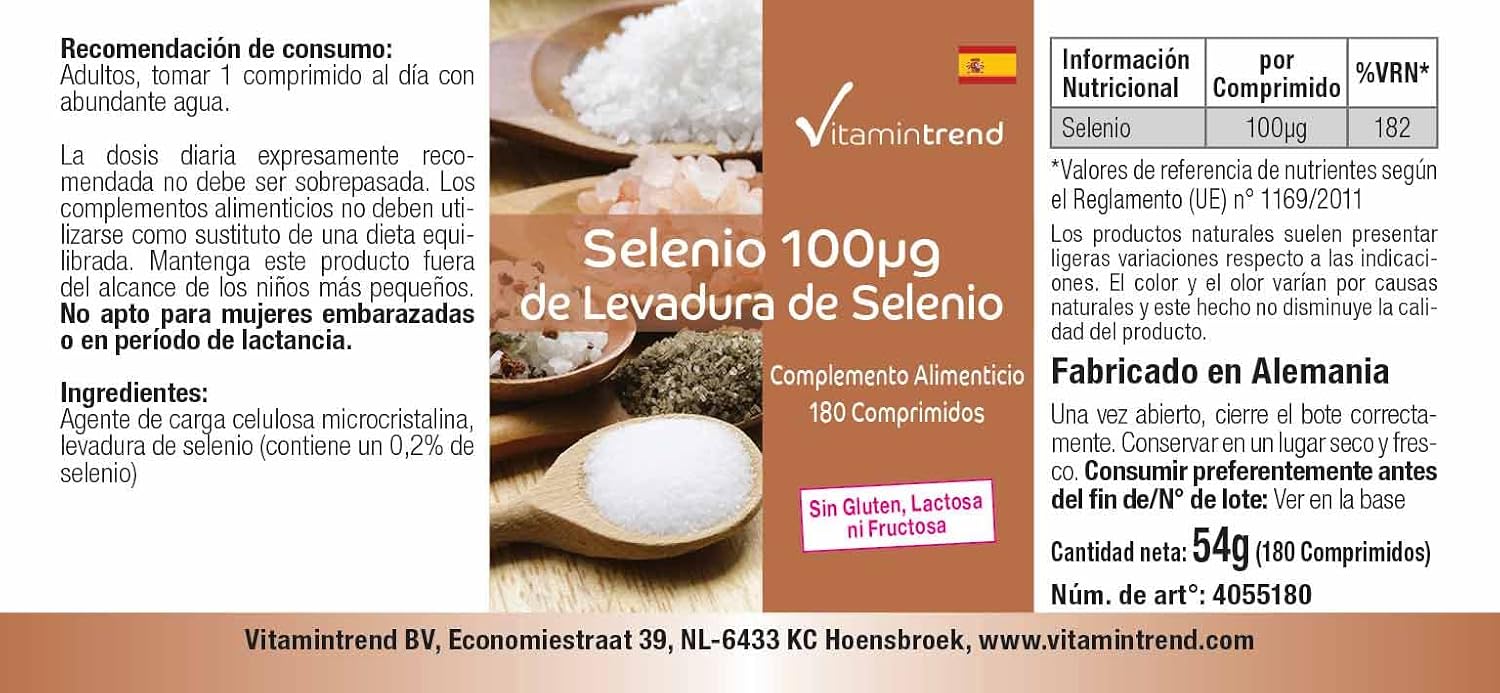 Detalle de Vitamintrend Selen 100 μg aus Selenhefe – 180 Tabletten, vegan, ohne Magnesiumstearat, in Deutschland hergestellt