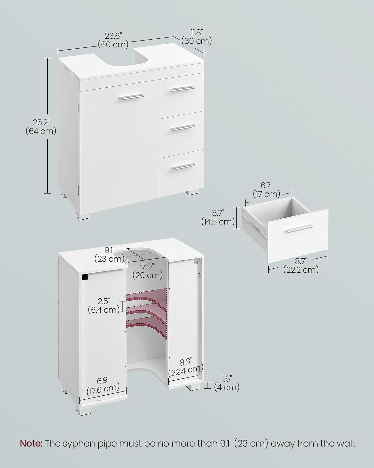 Thumbnail 2 de VASAGLE Under Sink Bathroom Cabinet, 30 x 60 x 64 cm, Cloud White BBK514WB01