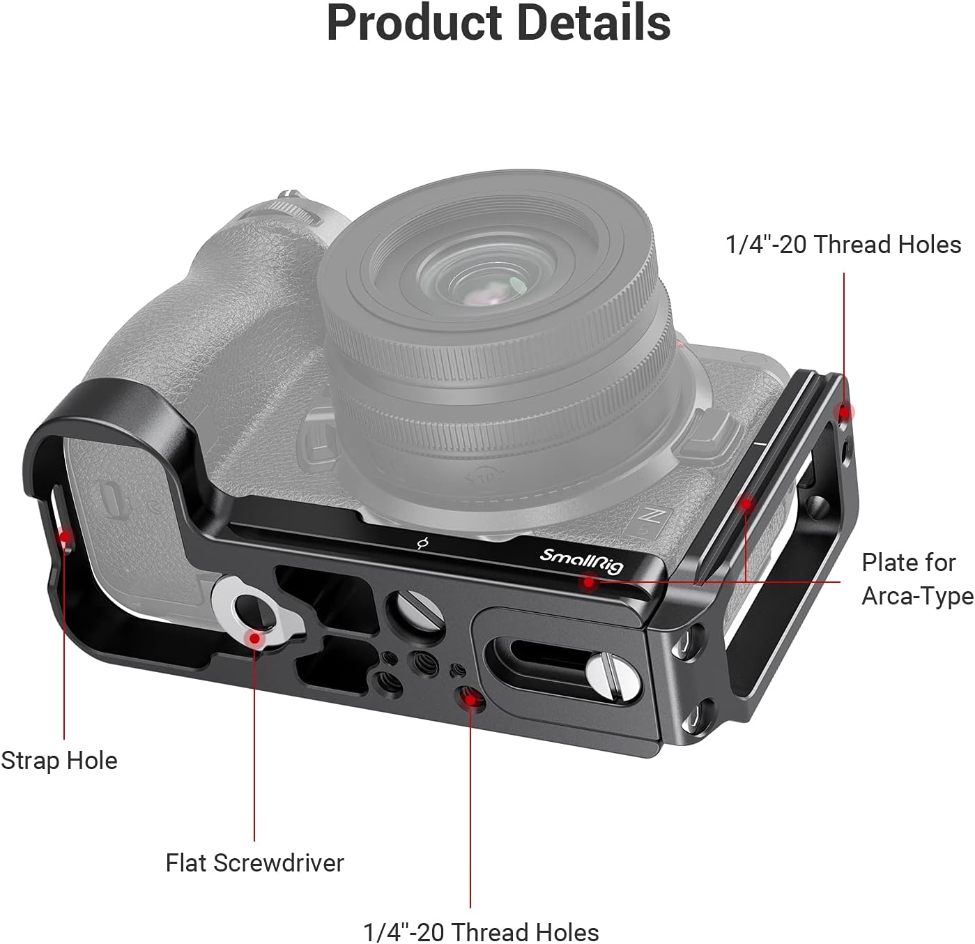 Detalle de SMALLRIG L Bracket 2947 pour Nikon Z5 / Z6 / Z6II / Z7 / Z7II (plaque Arca, anti-torsion)
