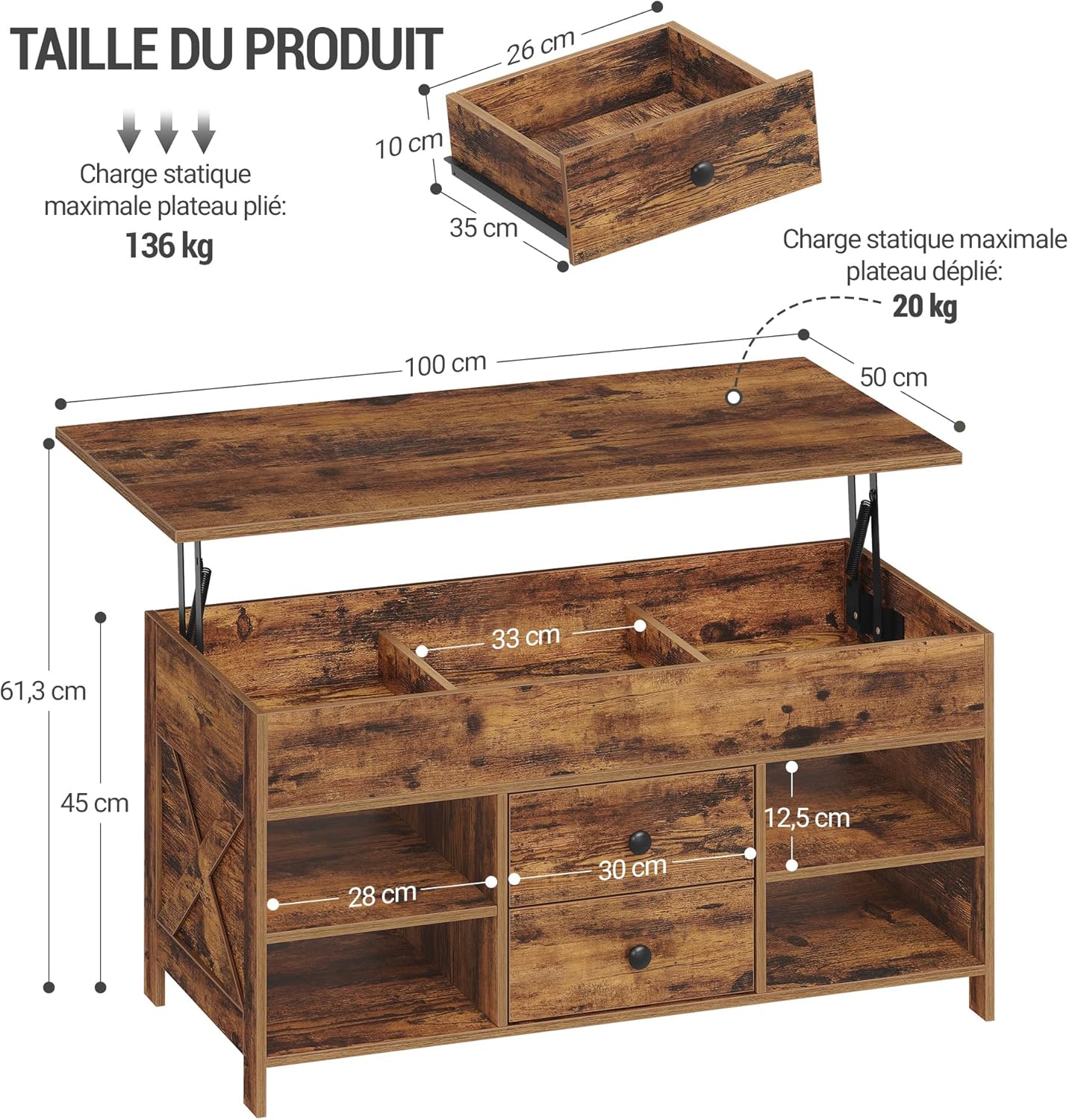Thumbnail 2 de Hzuaneri Table basse à plateau relevable, 2 tiroirs et rangement caché CT22101B