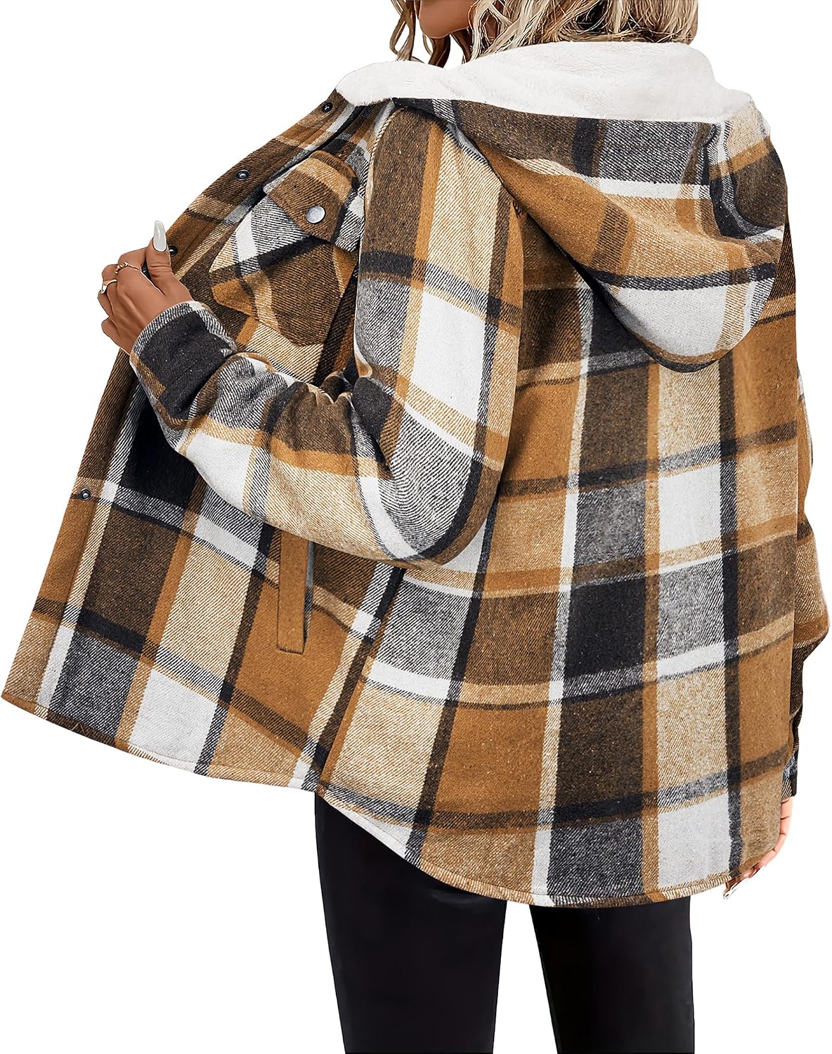Detalle 2 de Zeagoo Plaid Shacket Jacket hooded fleece S-2XL
