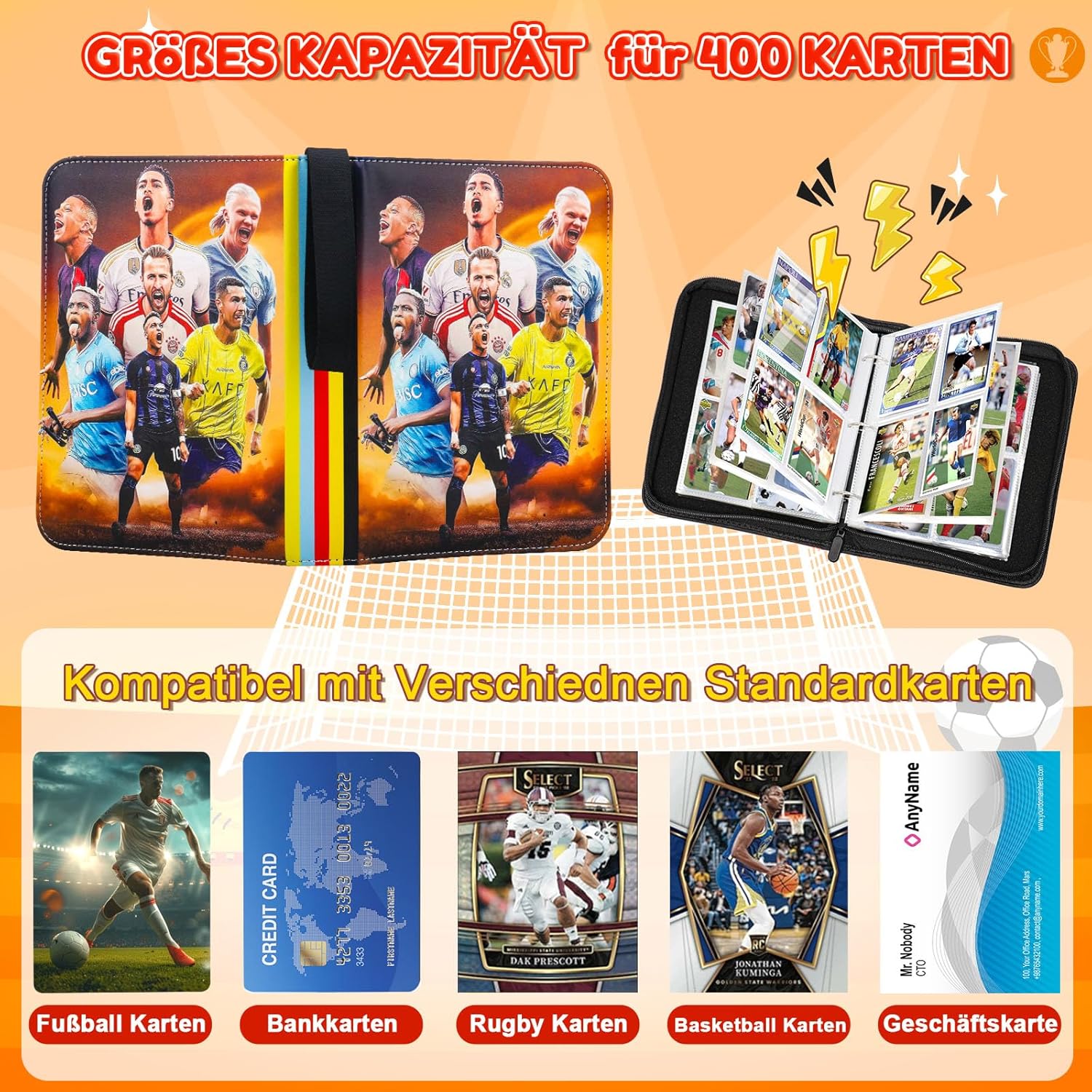 Detalle 2 de Sammelalbum Fußball Karten – 4 Taschen, Platz für bis zu 400 Karten, Reißverschluss, 50 Seiten pro Seite