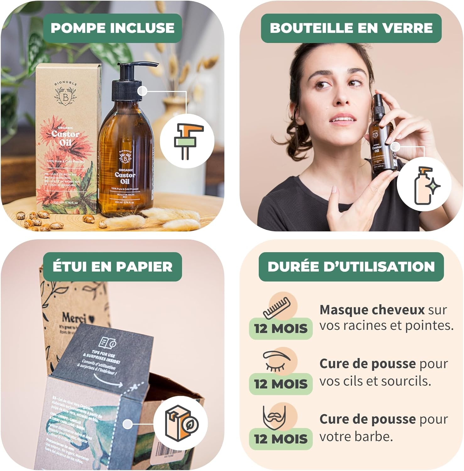 Thumbnail 3 de BIONOBLE Huile de Ricin Bio Pressée à Froid 500ml — soin multi-usages pour cheveux, cils, sourcils, barbe et ongles