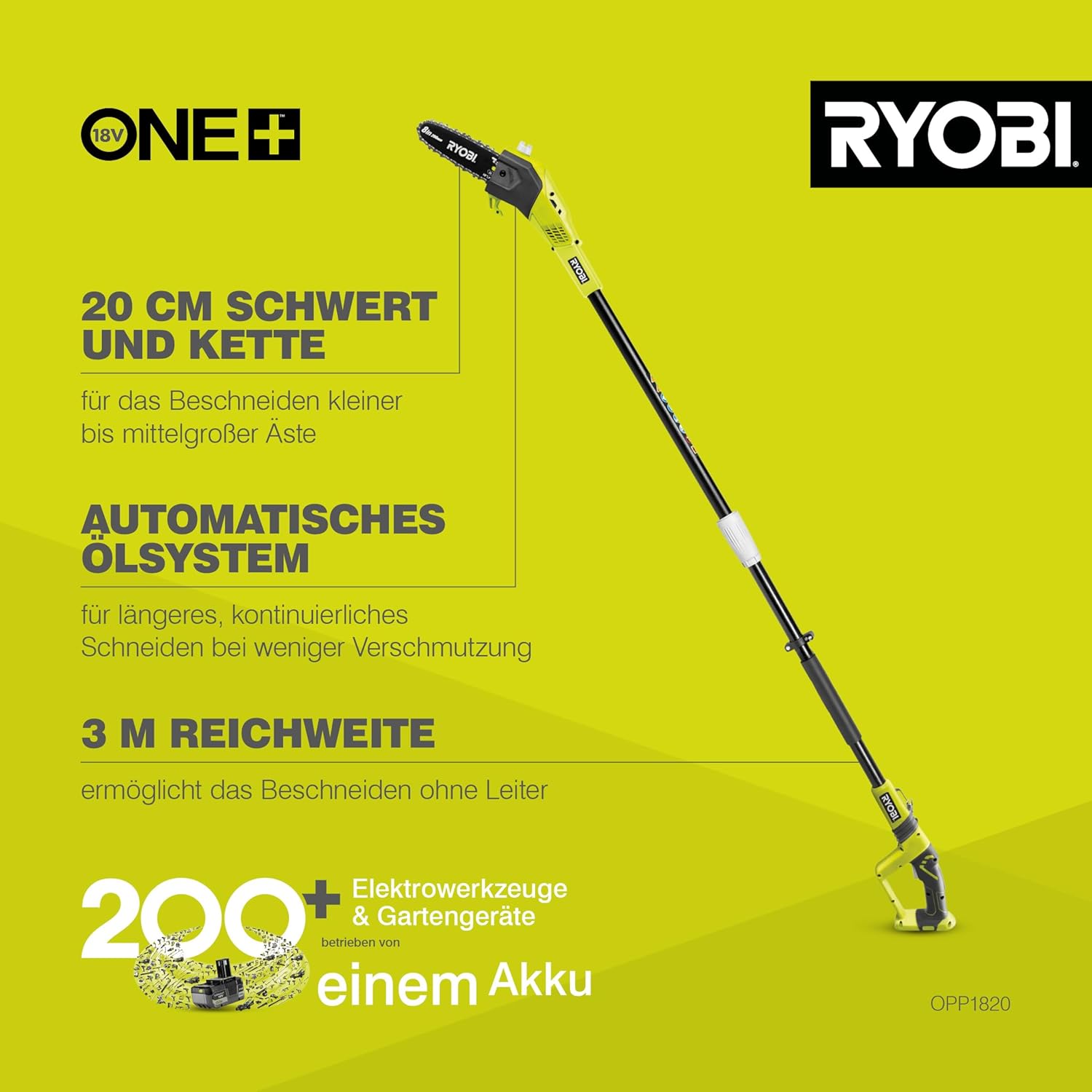 Detalle 2 de RYOBI 18 V ONE+ Hochentaster OPP1820 – 20 cm Schwert, 4 m Reichweite, automatische Kettenschmierung (ohne Akku/Ladegerät, Karton)