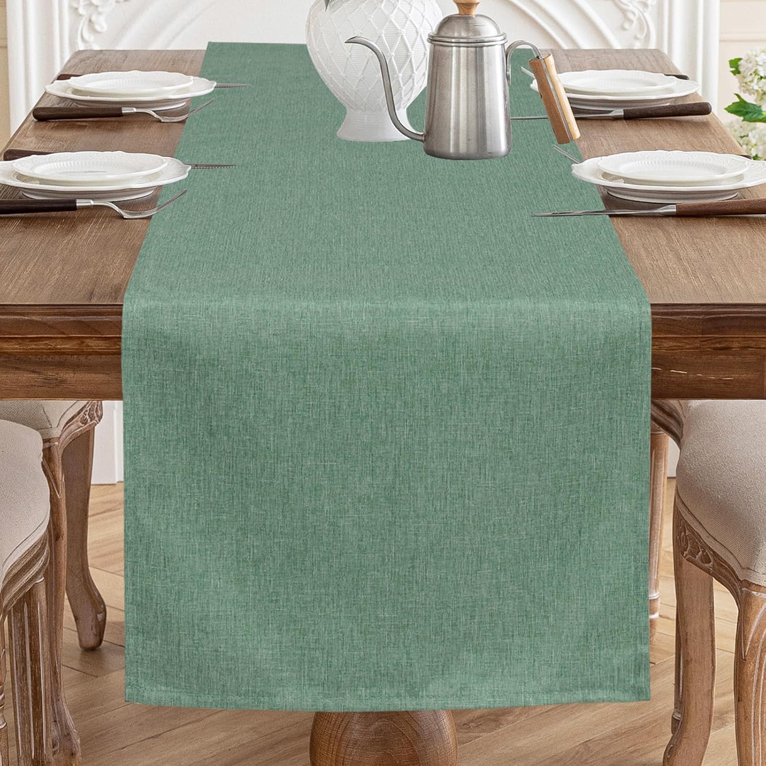 Detalle de AooHome Tischdecke Abwaschbar Grün 160x300 cm – Leinenoptik, wasserabweisend, kratzfest
