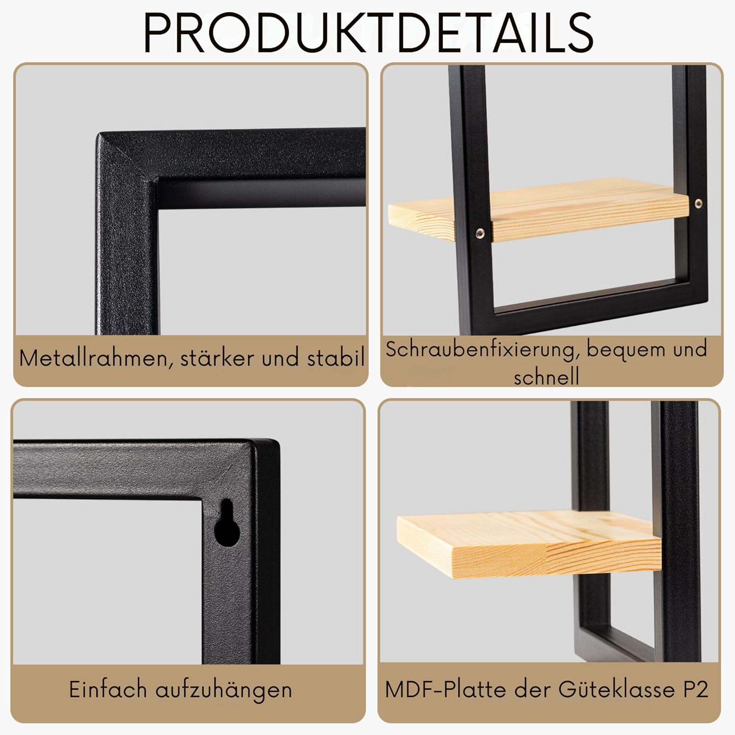 Detalle de hi-home Set mit 3 Wandregalen – schwebende, quadratische Holzwandregale in Braun