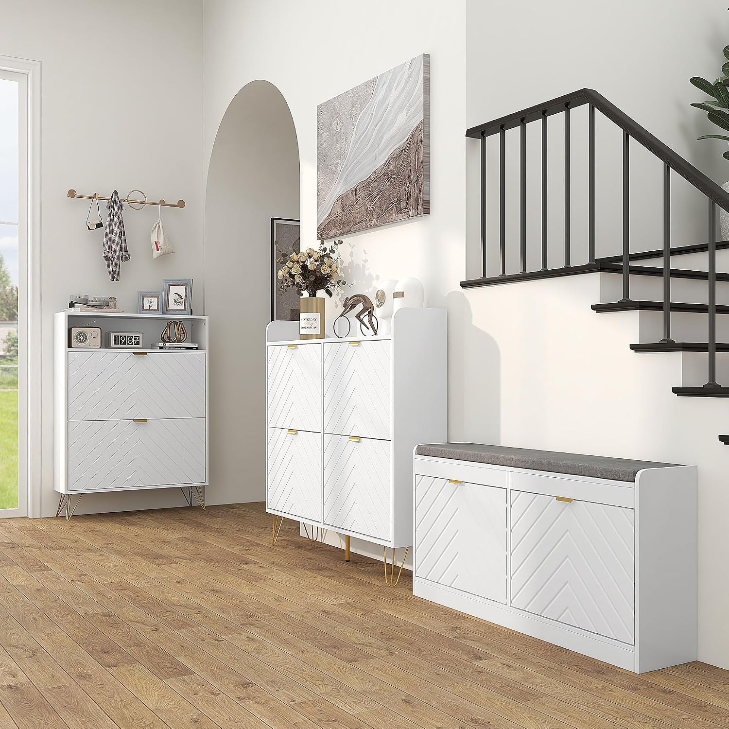 Detalle 2 de HOMCOM 837-445V81WT Narrow Shoe Cabinet, 2 Flip Drawers, Adjustable Shelves