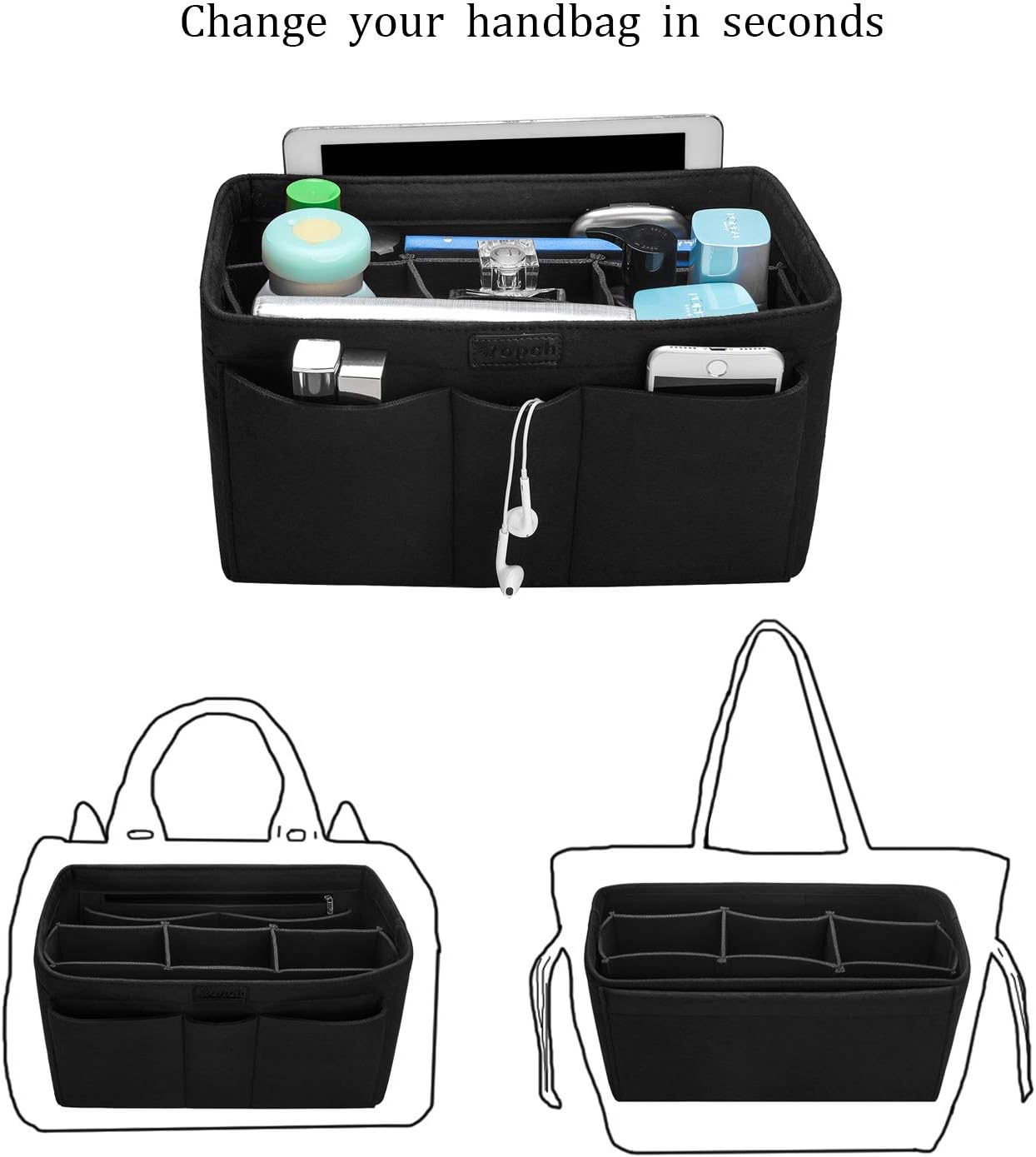 Detalle de Ropch Taschen Organizer für Damen-Handtaschen (Filz) – XL, Bag-in-Bag mit abnehmbarem Mittelteil