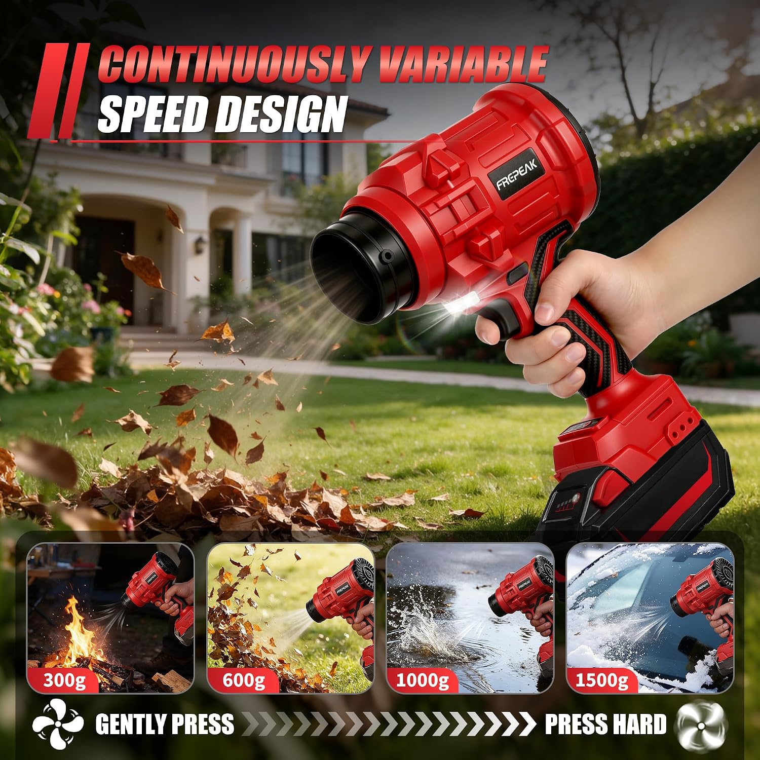 Detalle 2 de FREPEAK Frepeak-MWQ-01 Cordless Leaf Blower, 2-in-1, 720 CFM, LED Light