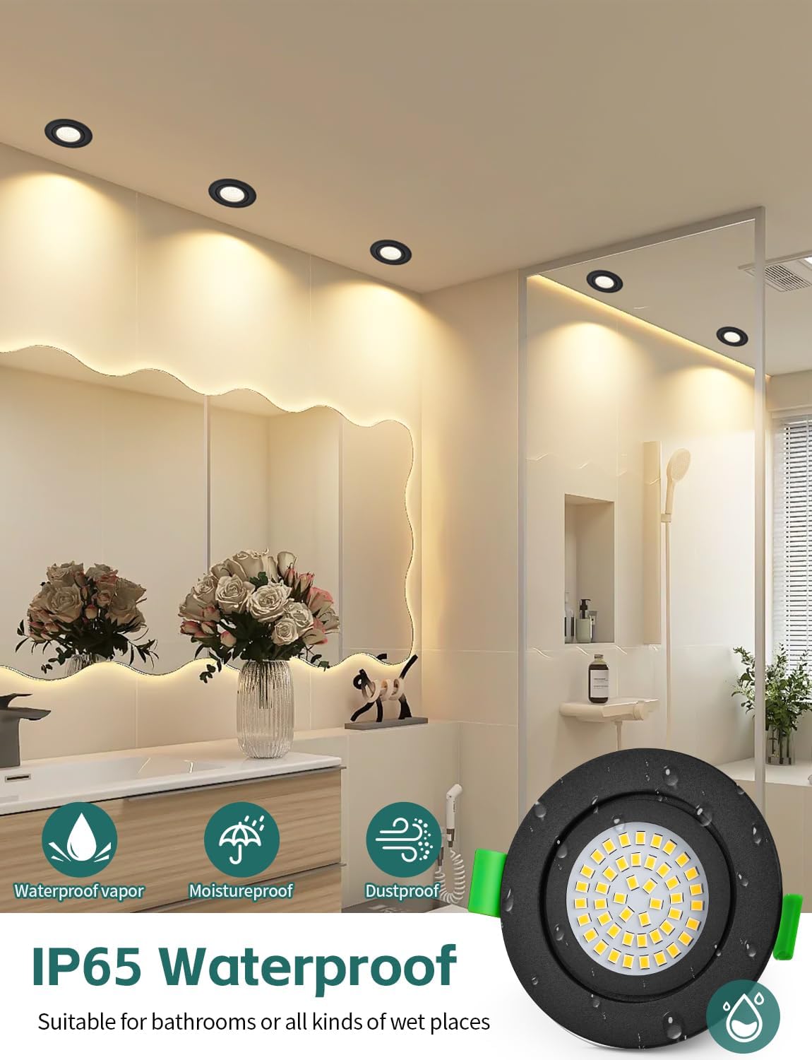 Detalle de KYOTECH LED-Einbaustrahler 230V dimmbar, 5 W, 4000 K (IP65) im 6er-Set, Einbau 65–75 mm, schwarz (nicht drehbar)