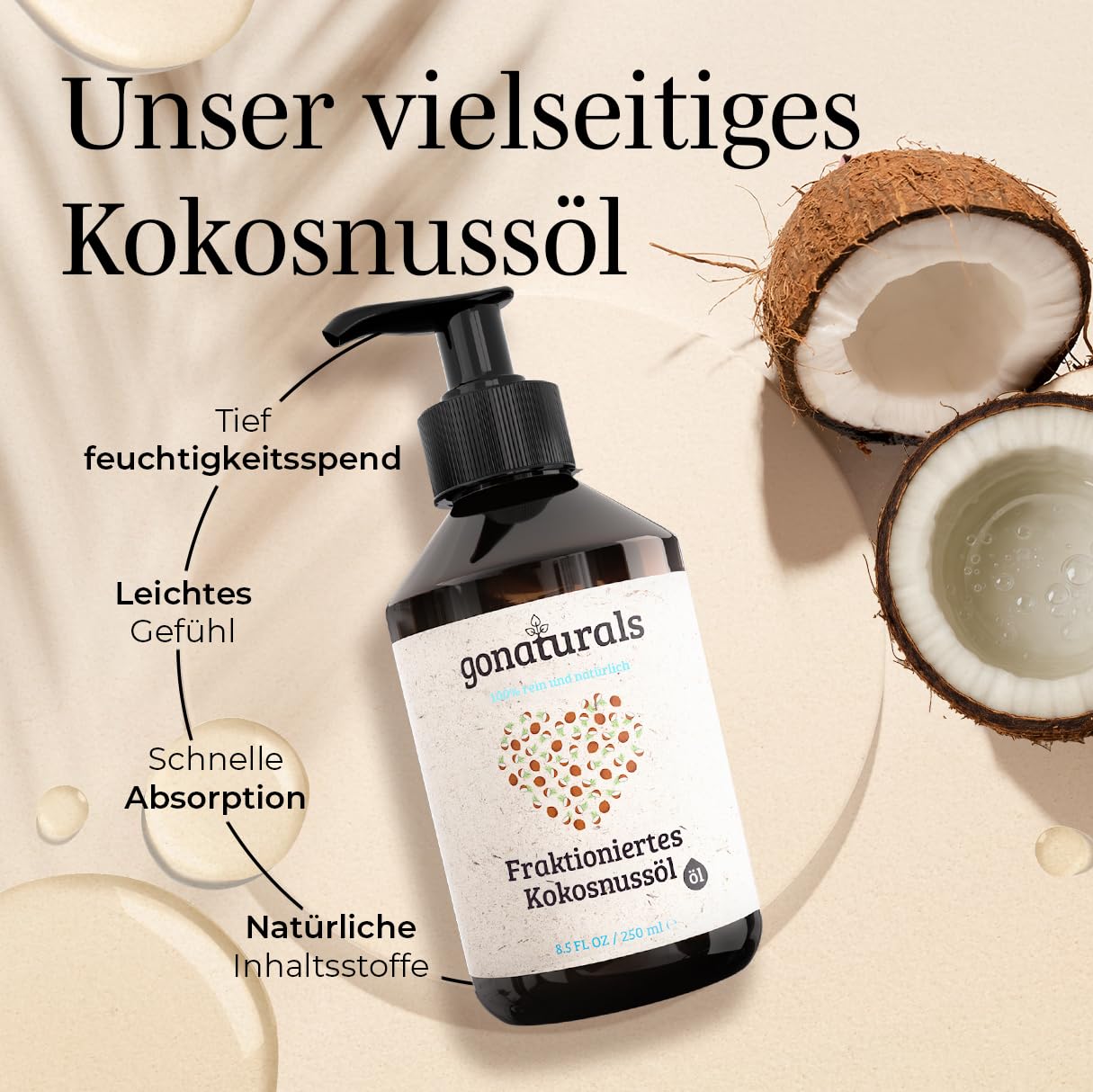 Detalle de GoNaturals fraktioniertes Kokosöl (250 ml) – 100% reines natürliches Coconut Oil für Haare, Haut & Nägel