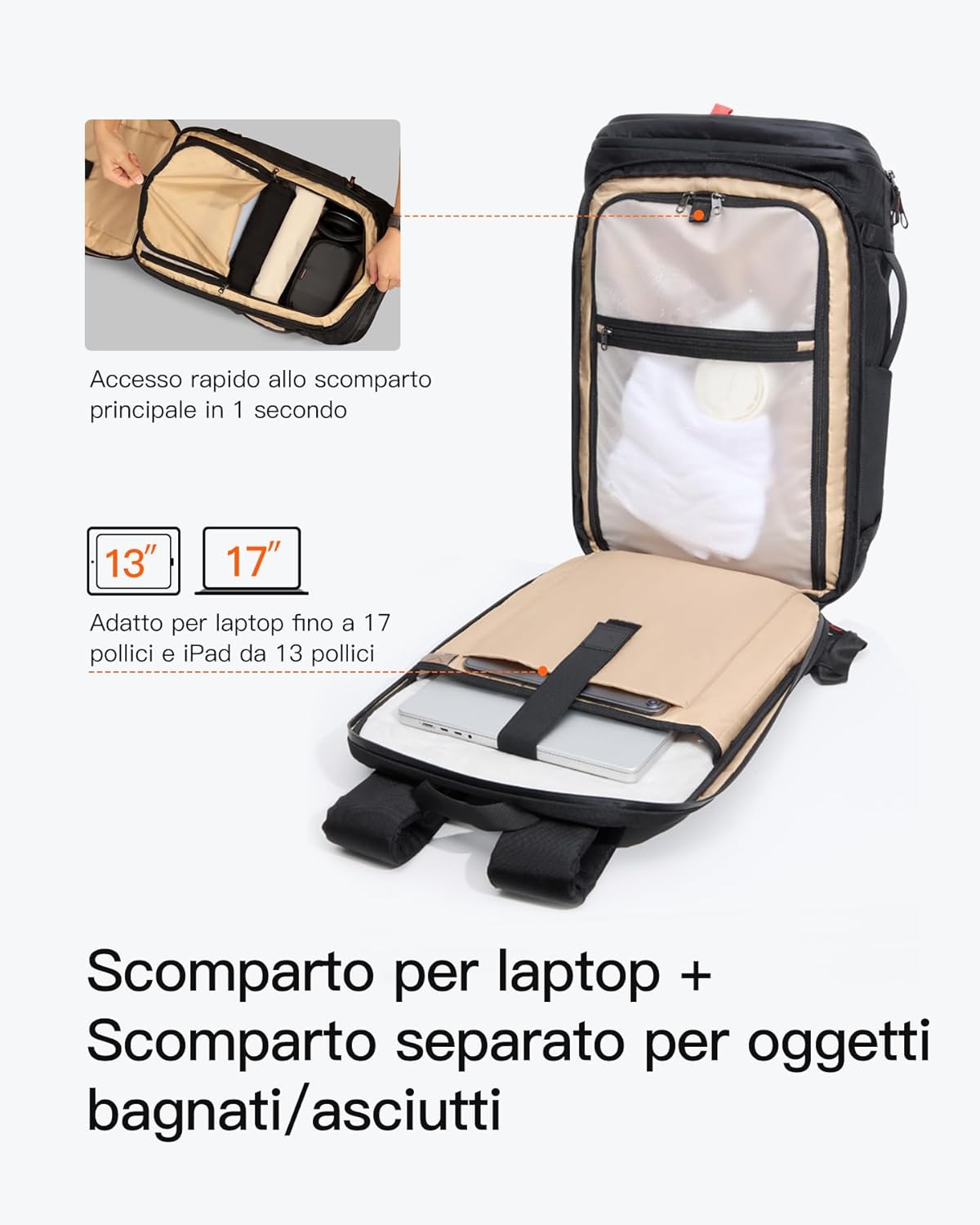 Detalle de Inateck Zaino da Viaggio 40L TSA: 7 scomparti modulari e protezione RFID, per business e trasferte