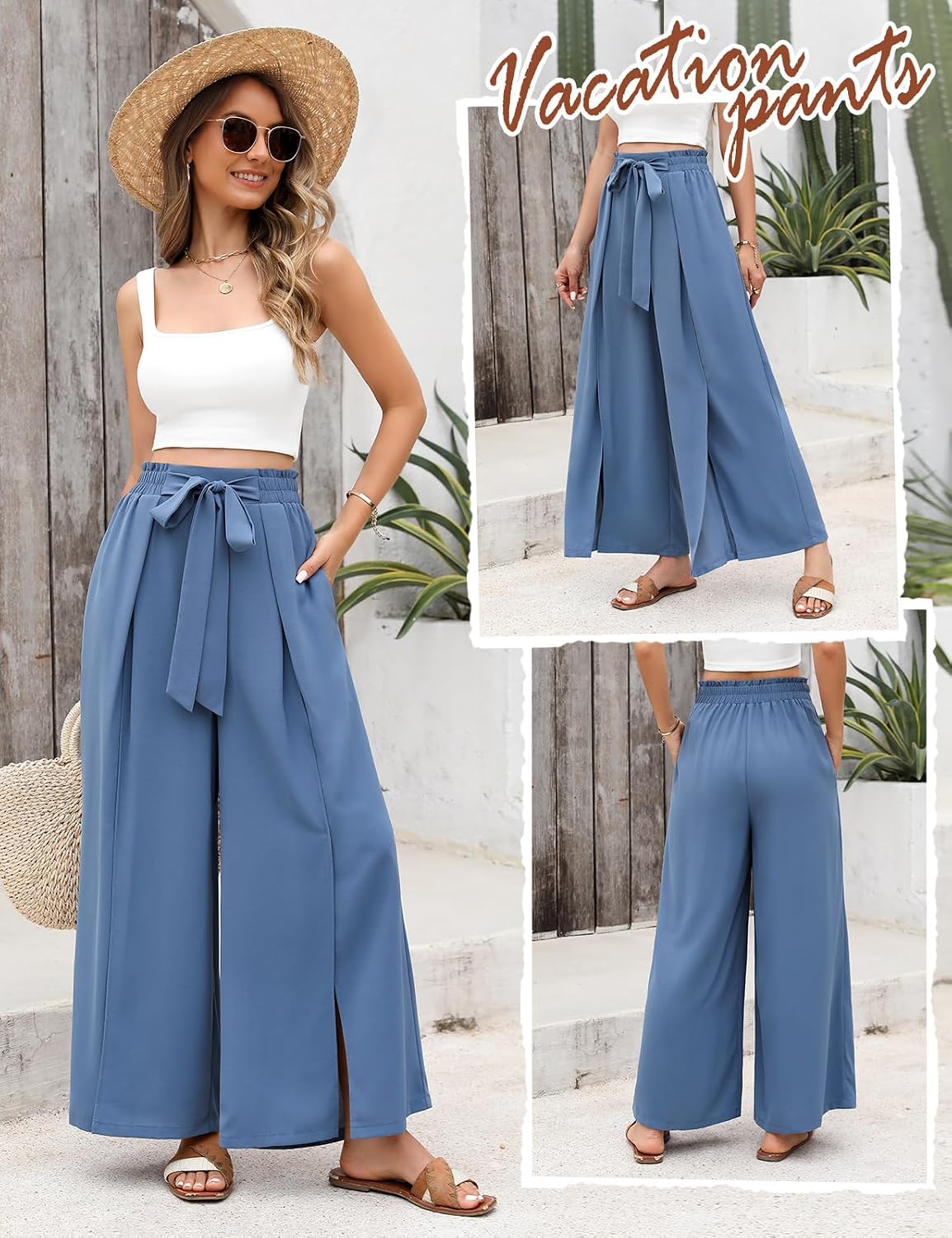 Detalle de Svanco Pantalon d'été fluide pour femme à jambes larges et ouvertes, taille élastiquée