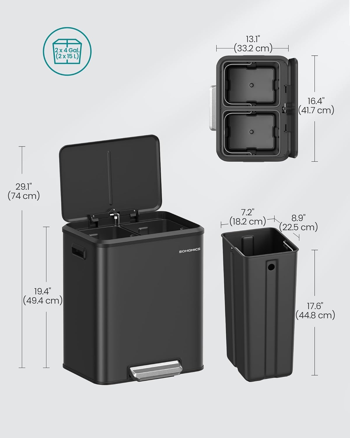 Thumbnail 5 de SONGMICS LTB556B02 2 x 30 L double kitchen bin