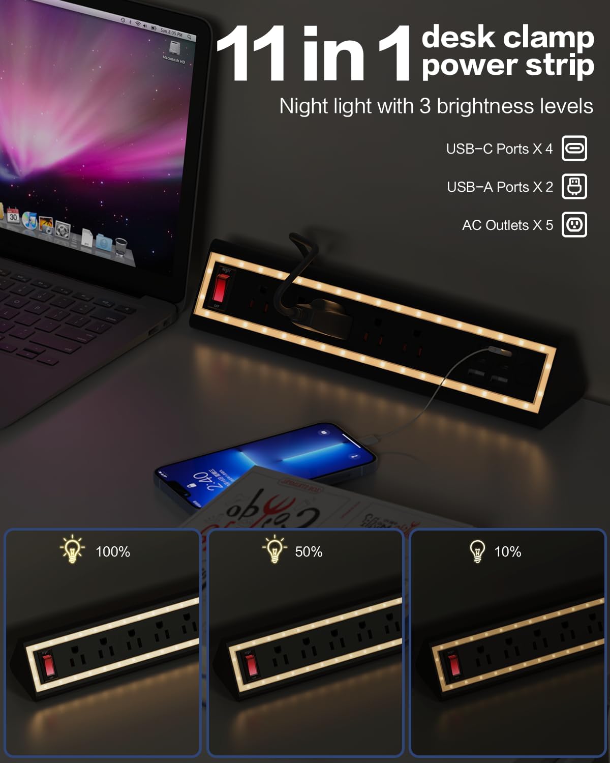 Detalle de NYYTGE Desk Clamp Power Strip with Nightlight, 40W Fast Charging (5 AC Outlets, 10FT Cord)