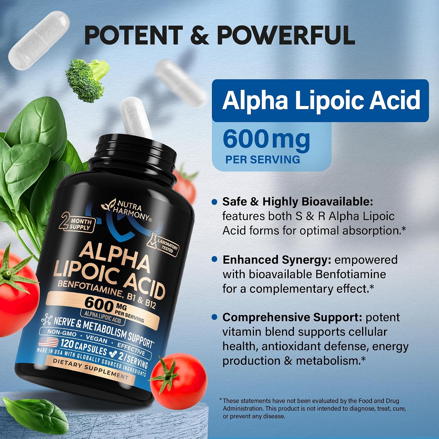 Thumbnail 4 de NUTRAHARMONY NH-ALACPS120 Alpha Lipoic Acid Capsules, 600 mg ALA