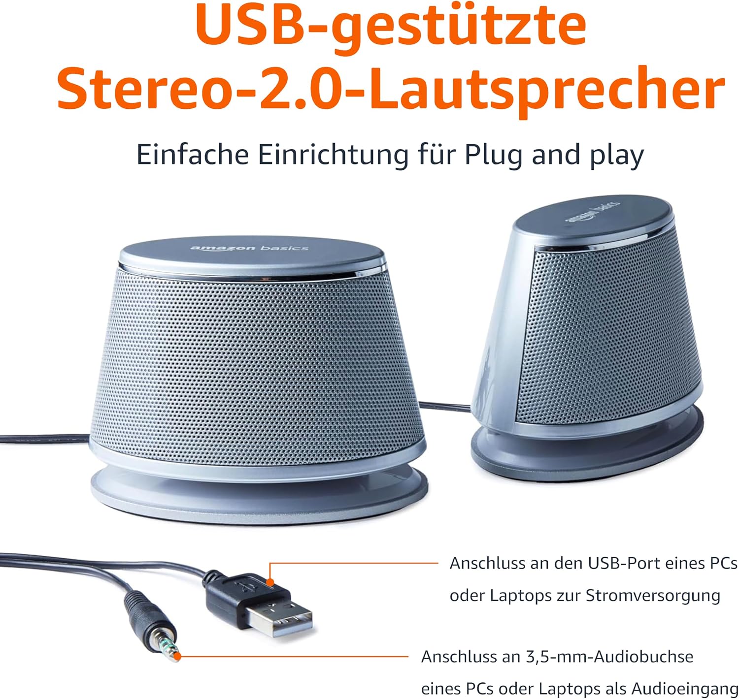 Thumbnail 1 de Amazon Basics 2.0 Stereo-Lautsprecher für PC oder Laptop (3,5-mm-AUX, USB-Strom) – 1 Paar in Silber