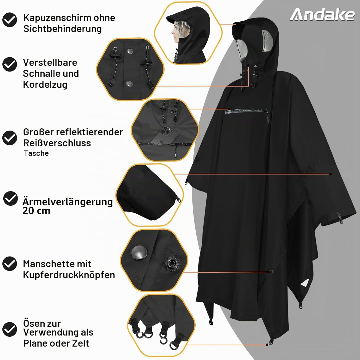 Thumbnail 6 de Andake Regenponcho Wasserdicht Unisex – vielseitiger Regenschutz für Camping, Wandern und Alltag