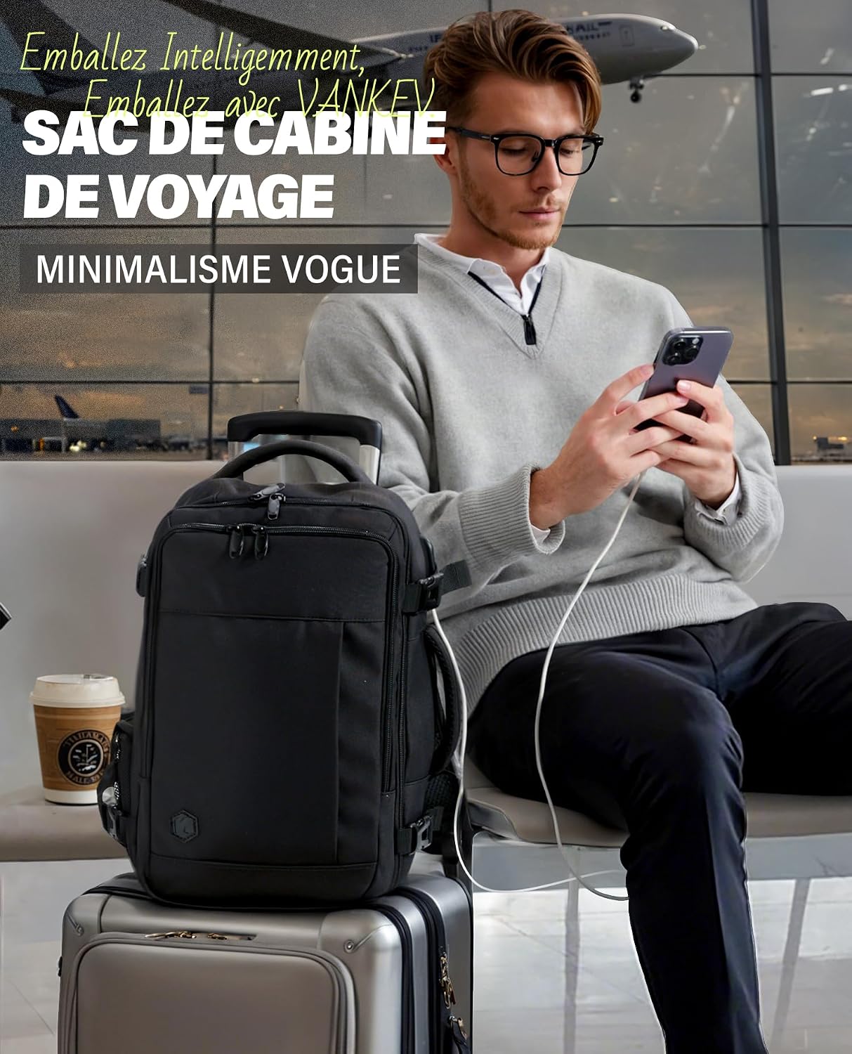 Detalle de VANKEV Bagage Cabine 40x20x25 cm – Sac à dos cabine 20 L pour Ryanair, ordinateur 14 pouces, noir