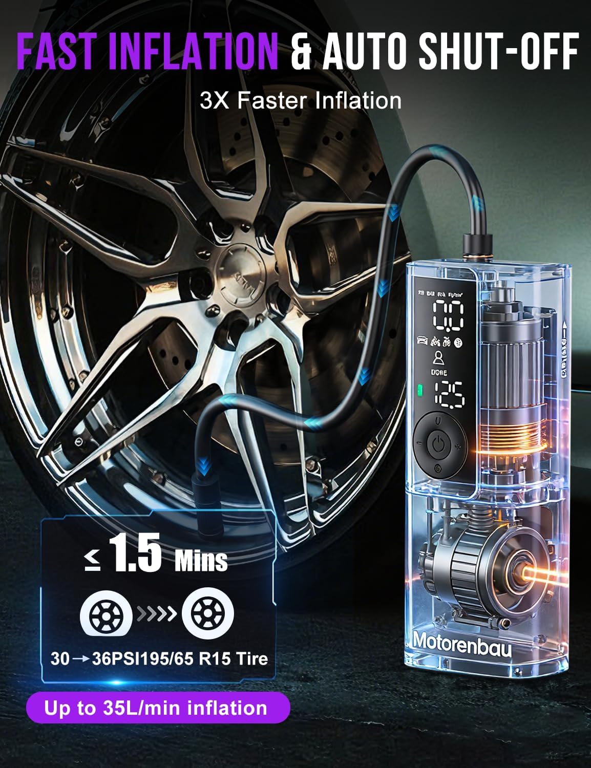 Thumbnail 2 de Motorenbau Tire Inflator Portable Air Compressor: 150 PSI Cordless with LCD, LED, and Auto Shutoff