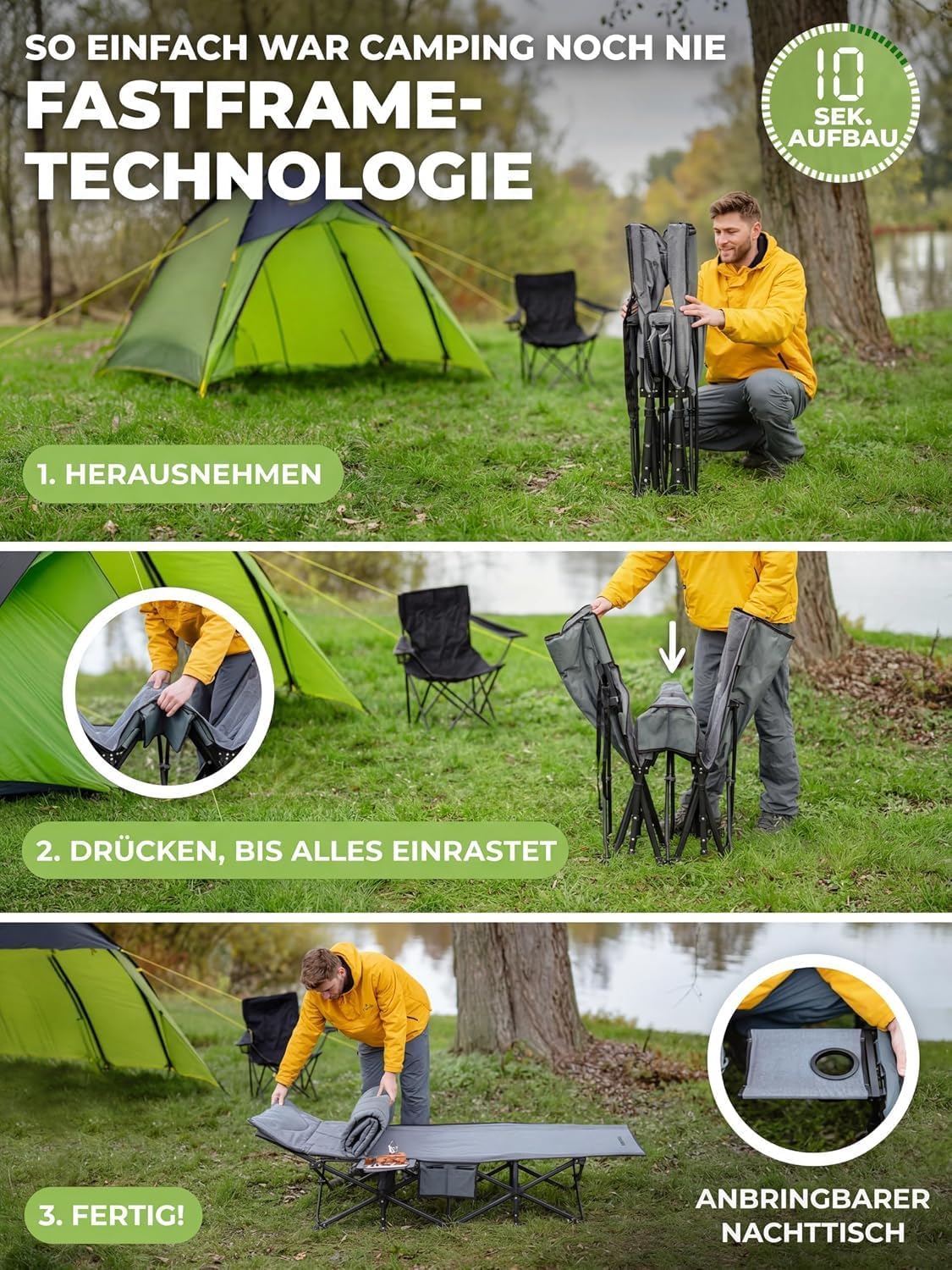 Detalle de NORDICTRAILS Feldbett klappbar in 10 Sek aufgebaut – XXL Camping Liege, 200 cm x 80 cm, 200 kg