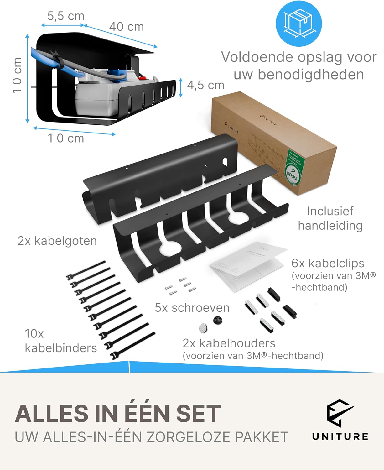 Detalle 1 de UNITURE HU-XI-36 kabelgoot voor bureau, zwart metaal, set van 2