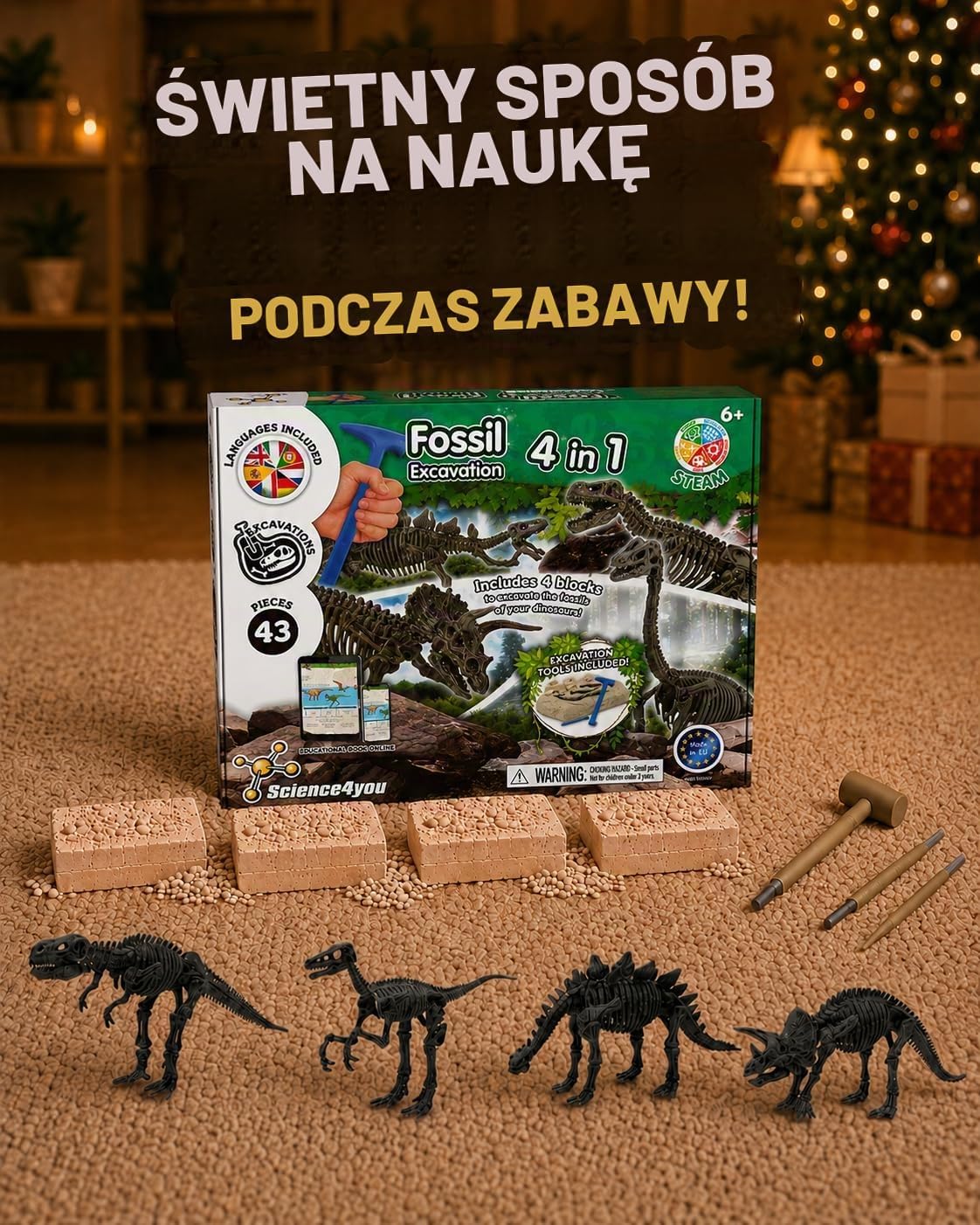Detalle de Science4you 80000516 – zestaw do wykopalisk 4 w 1, 4 dinozaury
