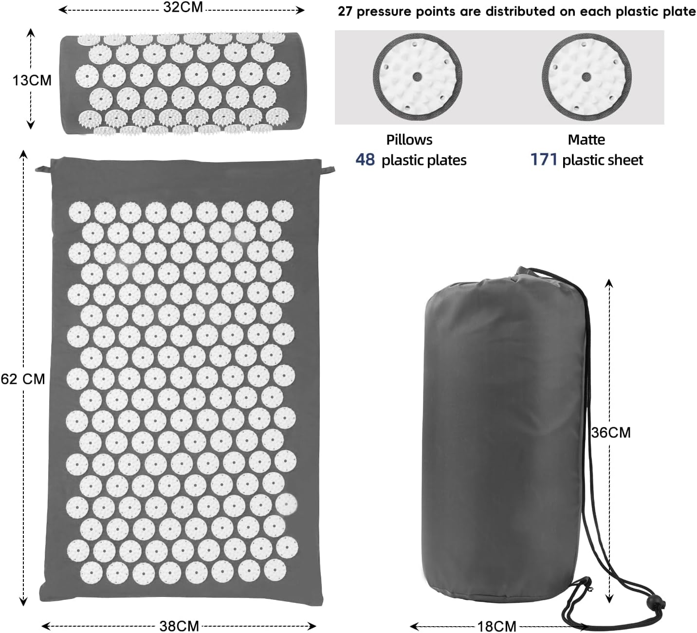 Detalle de Acupressure Mat & Pillow Set for Neck and Back Relief (Gray) – Carry Bag Included