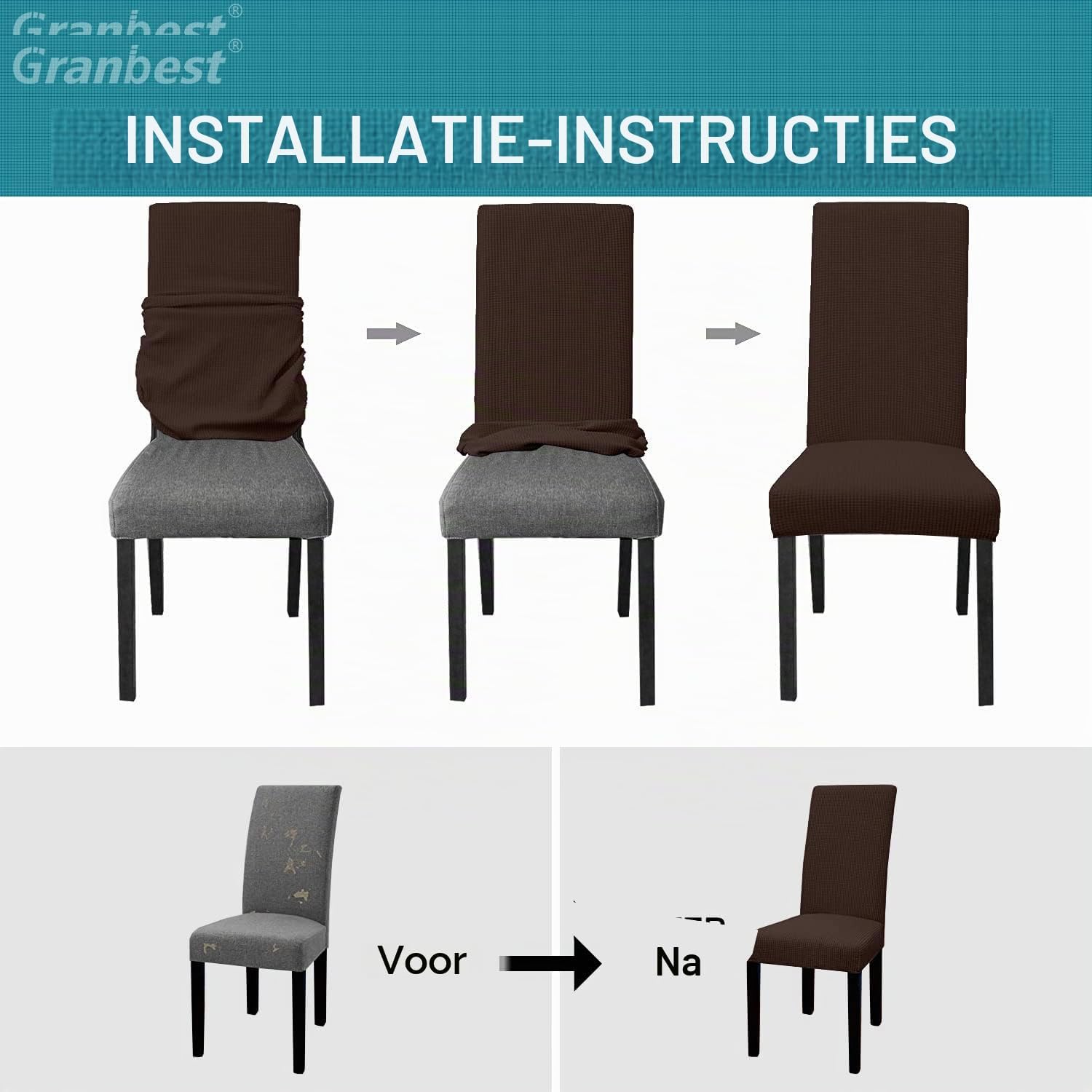 Detalle 2 de Granbest Premium eetkamerstoelhoezen, set van 6, chocolade, elastisch