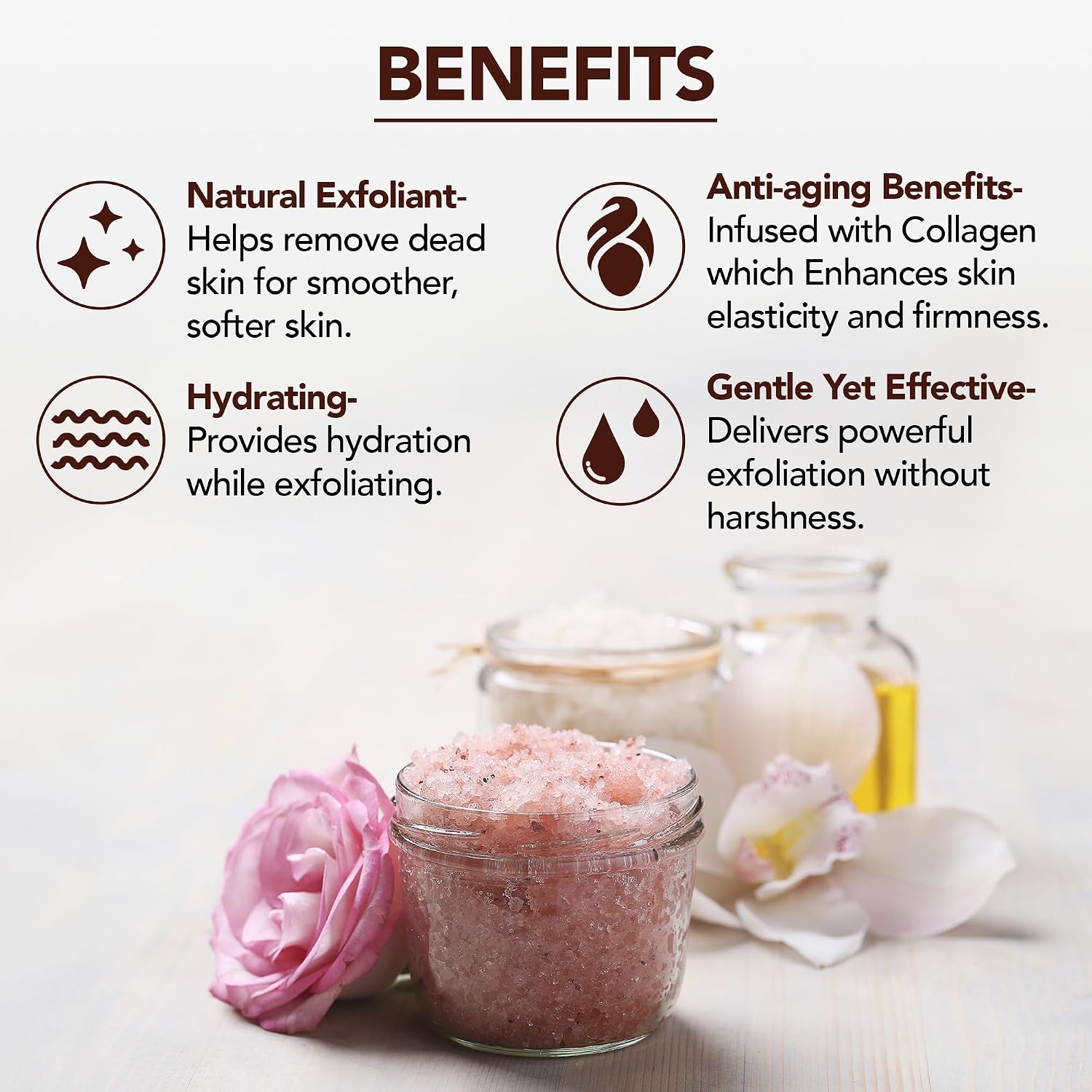 Detalle de Majestic Pure Himalayan Pink Salt Body Scrub with Collagen & Sweet Almond Oil (10 oz) — Exfoliating Salt Scrub for Smooth, Hydrated Skin