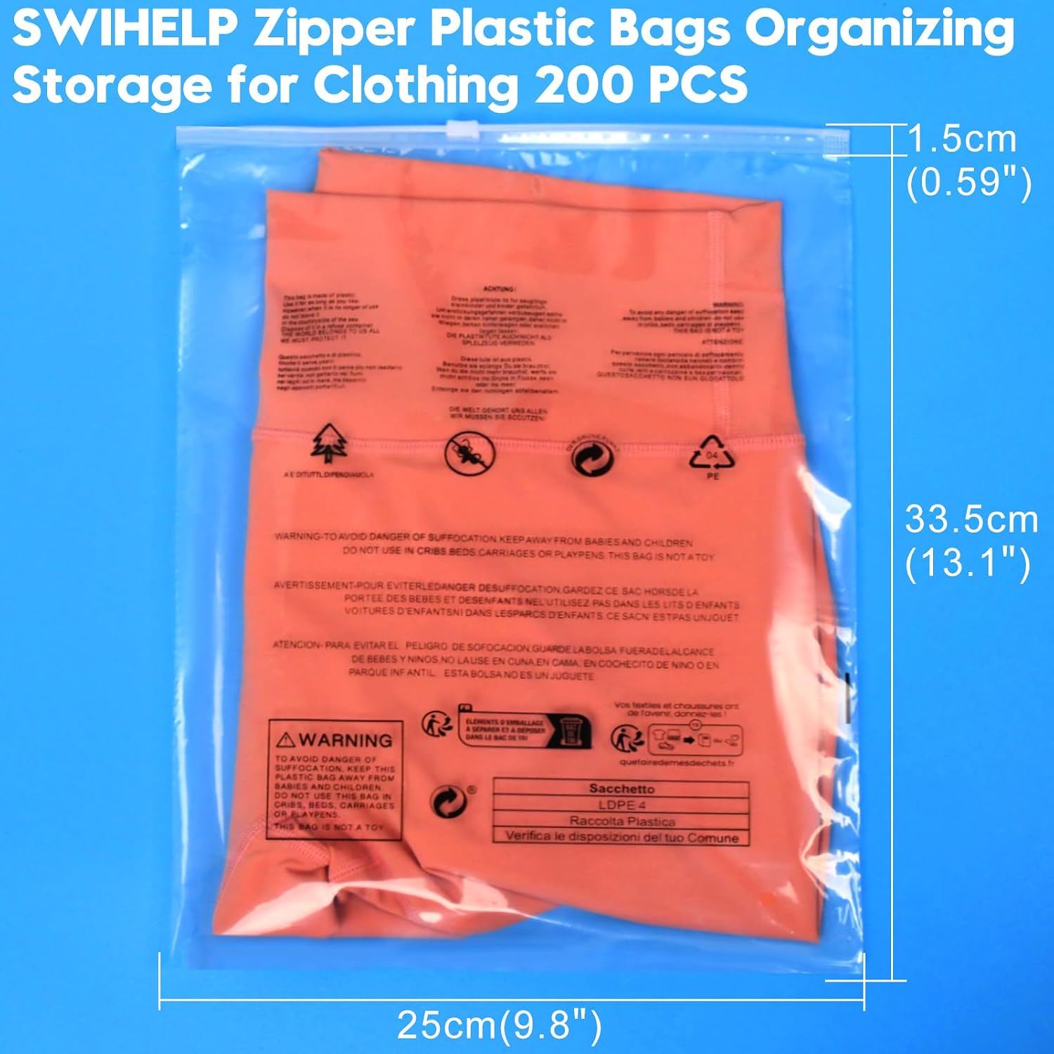 Detalle 2 de SWIHELP herbruikbare ritstassen 25 x 35 cm, transparant, set van 200