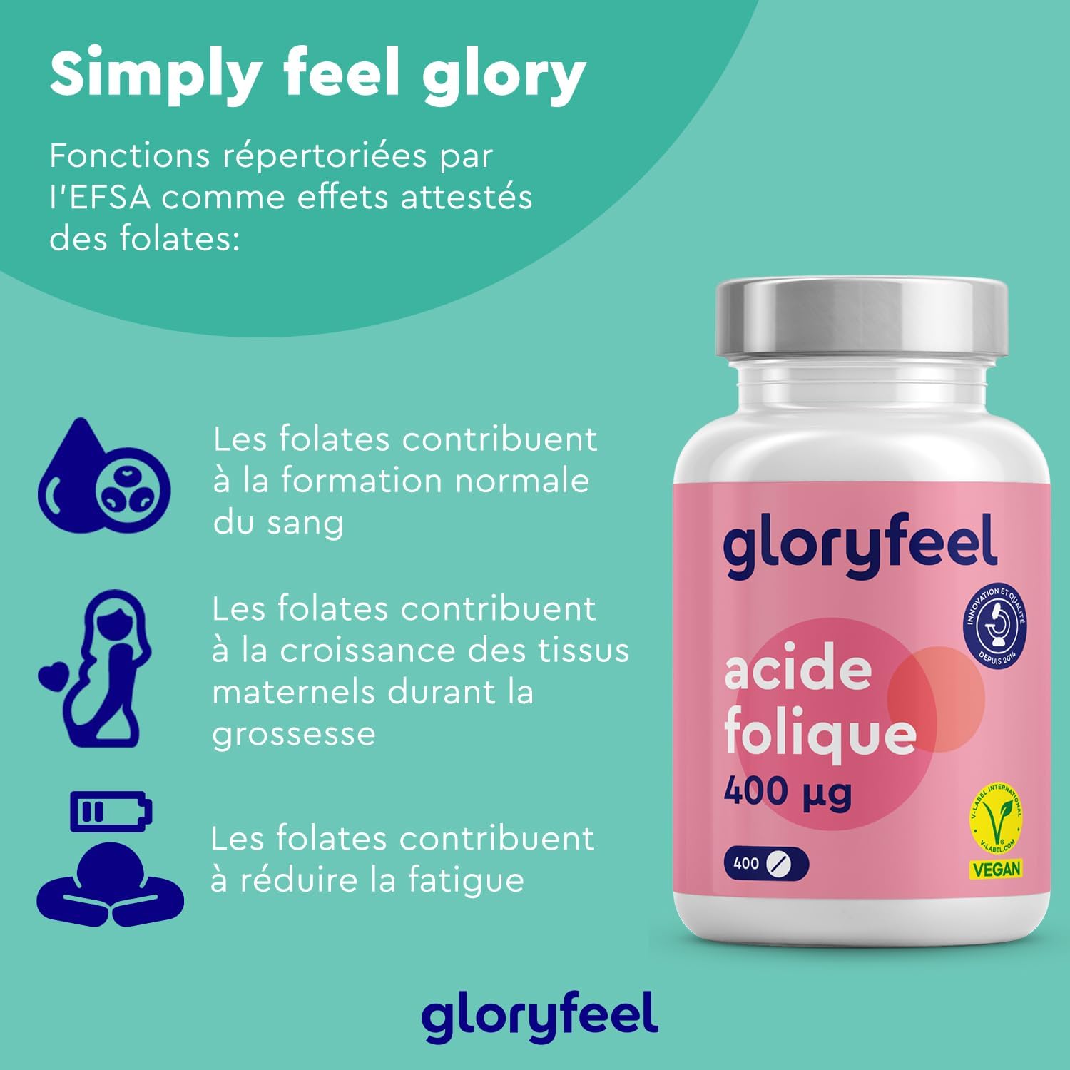 Detalle 2 de Acide Folique Vitamine B9 400 µg – 400 comprimés (13 mois), 100% végétalien et sans additifs