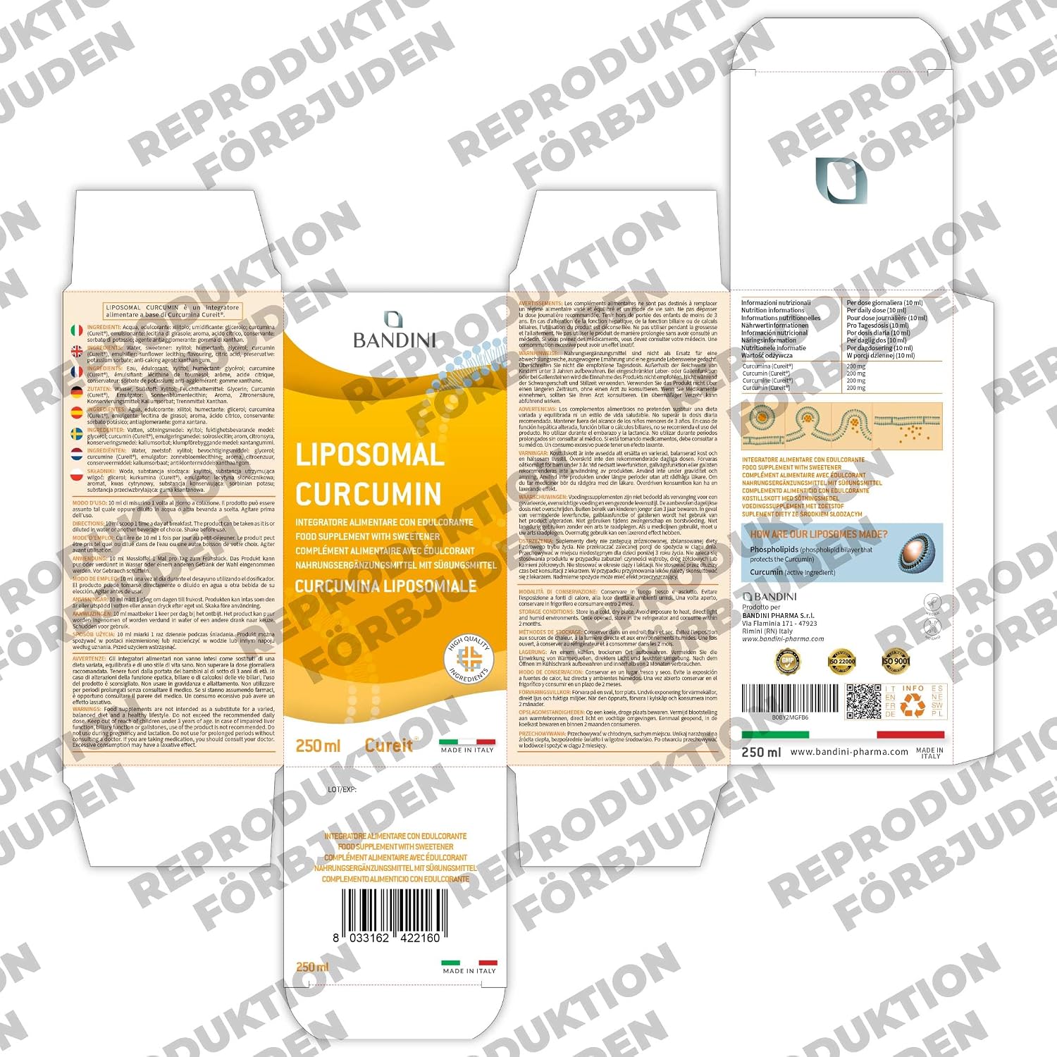 Detalle 1 de BANDINI Cureit liposomalt kurkumin 250 ml – veganskt, 200 mg per dagsdos