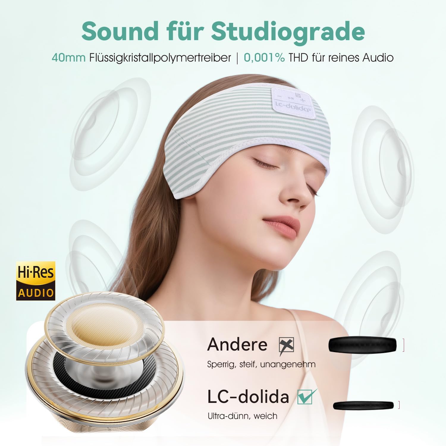 Thumbnail 2 de LC-dolida Schlafkopfhörer Ultra-Soft Bluetooth-Stirnband mit 4-Wege Stretch & No-Slip (bis 15 Std. Playtime)