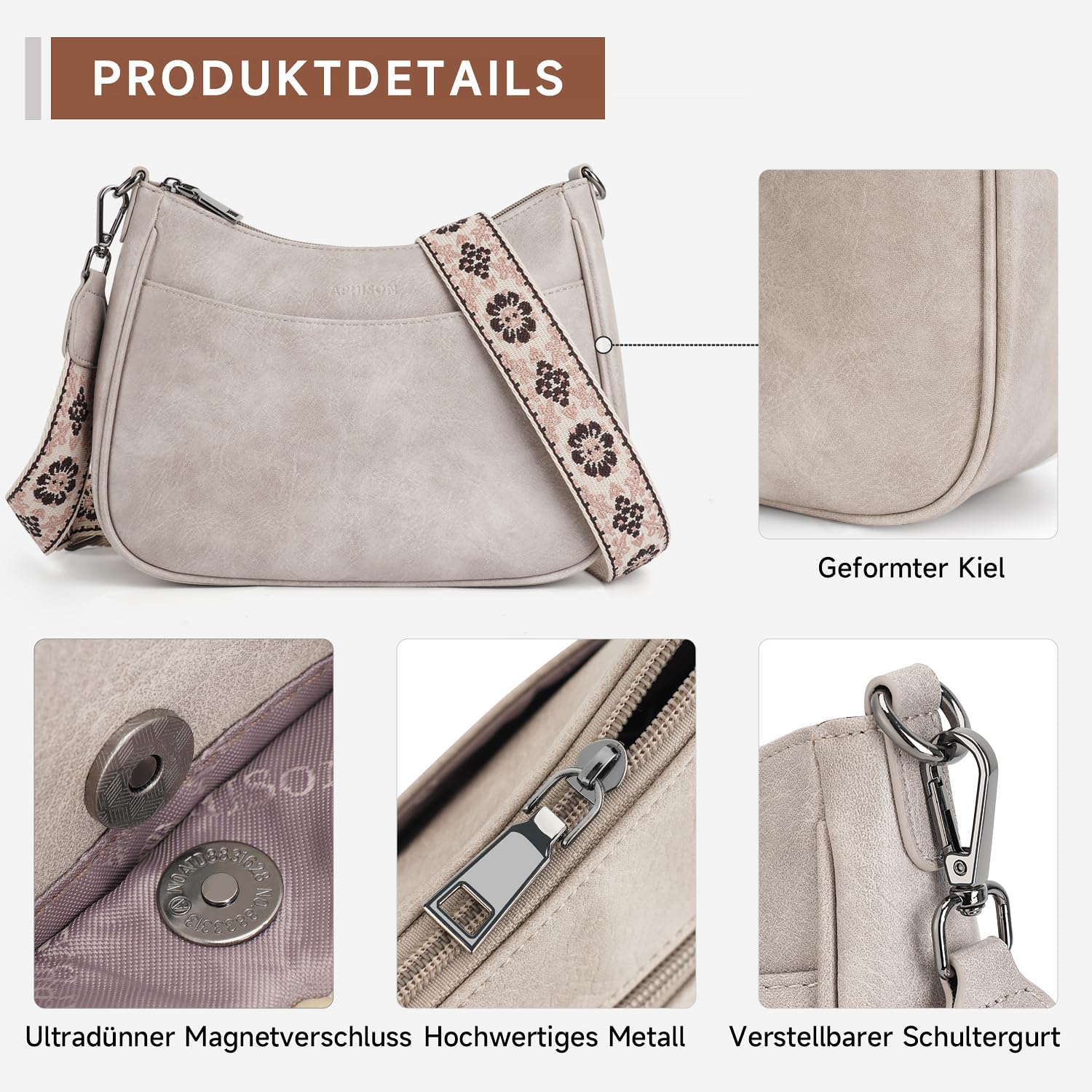 Thumbnail 4 de APHISON Klein Crossbody Bag mit breitem Gurt – graue Umhängetasche aus veganem Leder mit abnehmbarem Schultergurt